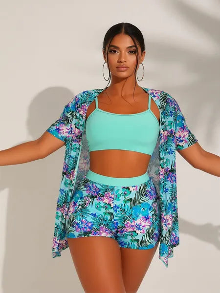 Women's Teal Printed 3-piece Bikini Swimsuit with Cover Up