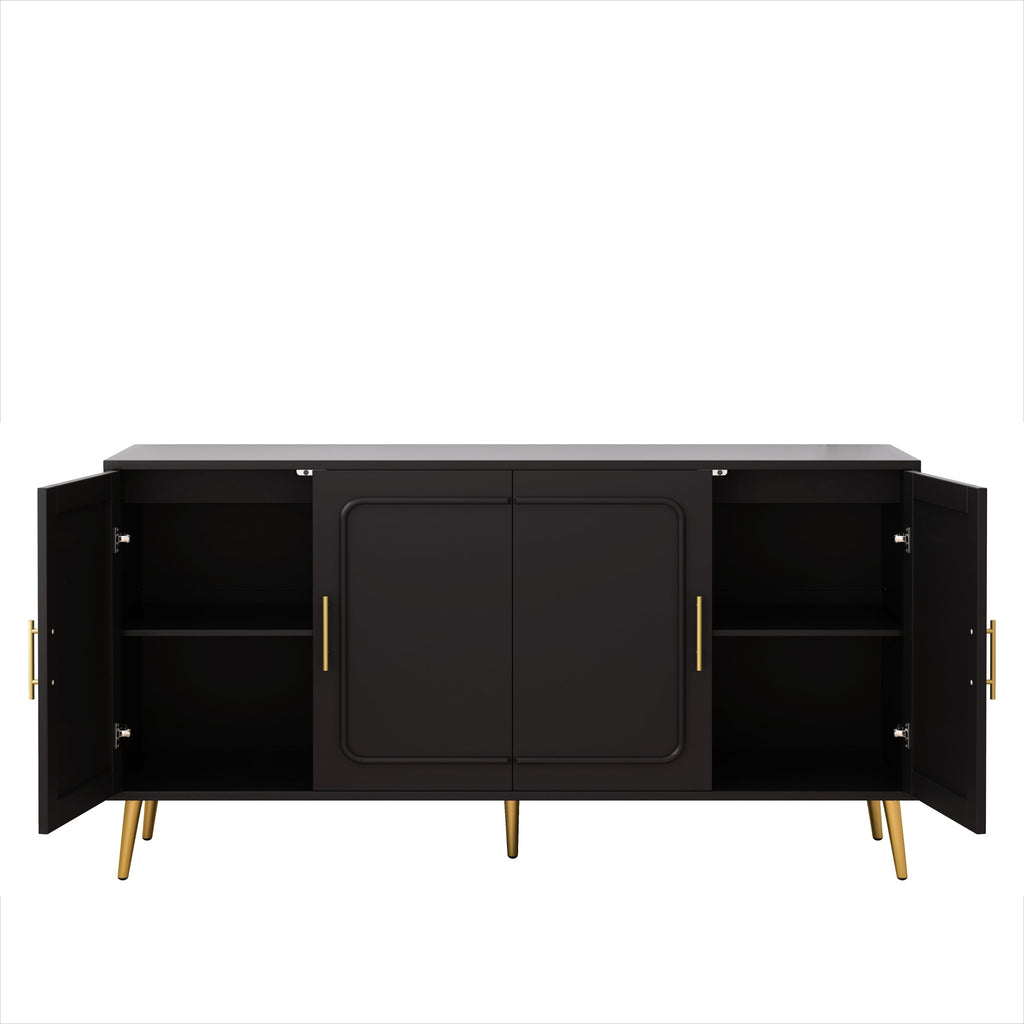 59.84' Vintage Four-Door Cabinet, Plastic Rattan, Suitable For Living Room, Dining Room, Bedroom(Black)