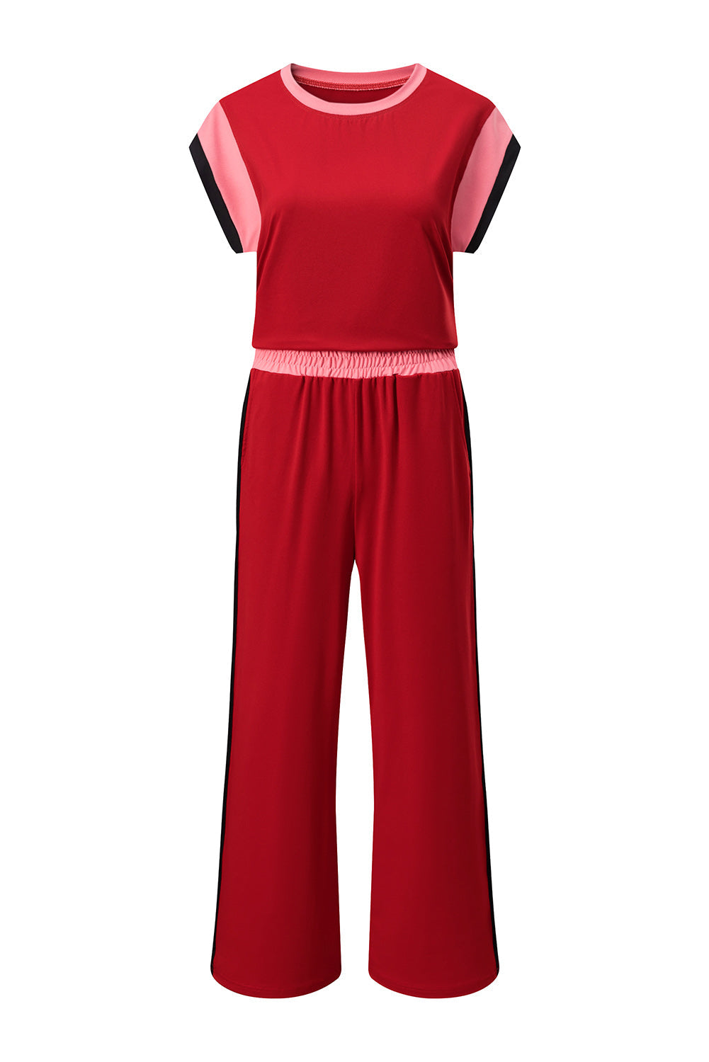 Colorblock Short Sleeve Top & Wide Leg Pants Set