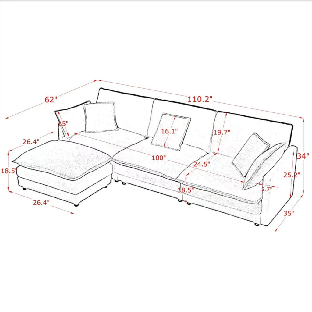 Modern Home Living Room L-Shaped Sectional Sofa Couches with Ottoman, Convertible Oversized 4 Seater Couch Towel Fabric, Black