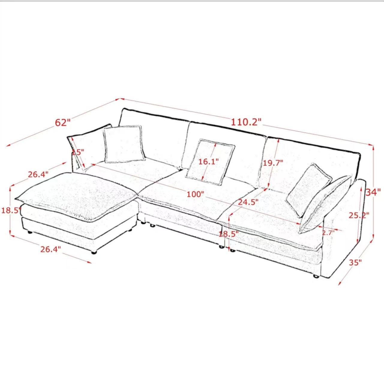 Modern Home Living Room L-Shaped Sectional Sofa Couches with Ottoman, Convertible Oversized 4 Seater Couch Towel Fabric, Black