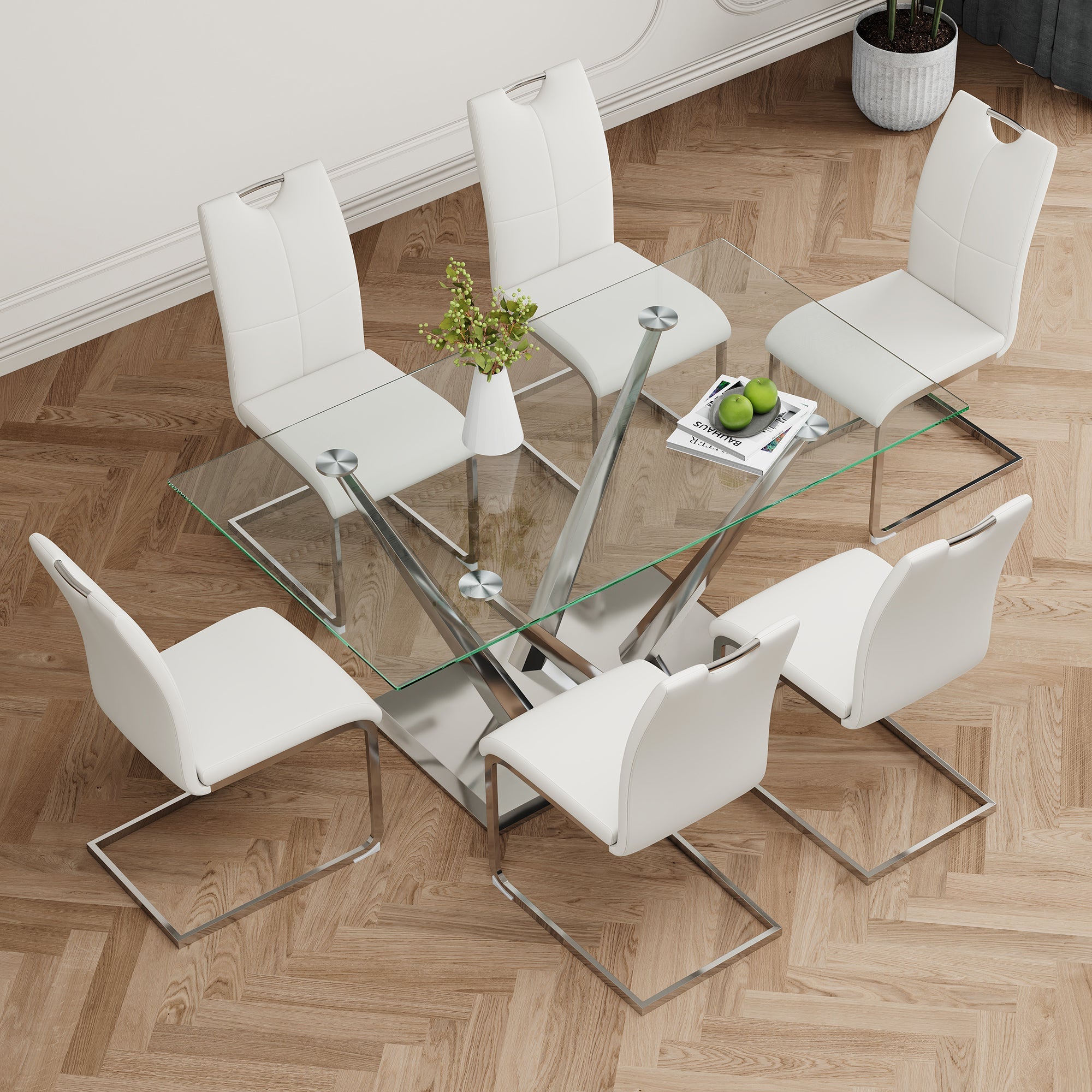 Modern style glass dining table, elegant transparent design, sturdy stainless steel base, white dining chairs set, electroplated chair legs, suitable for dining room and kitchen (set of 7)
