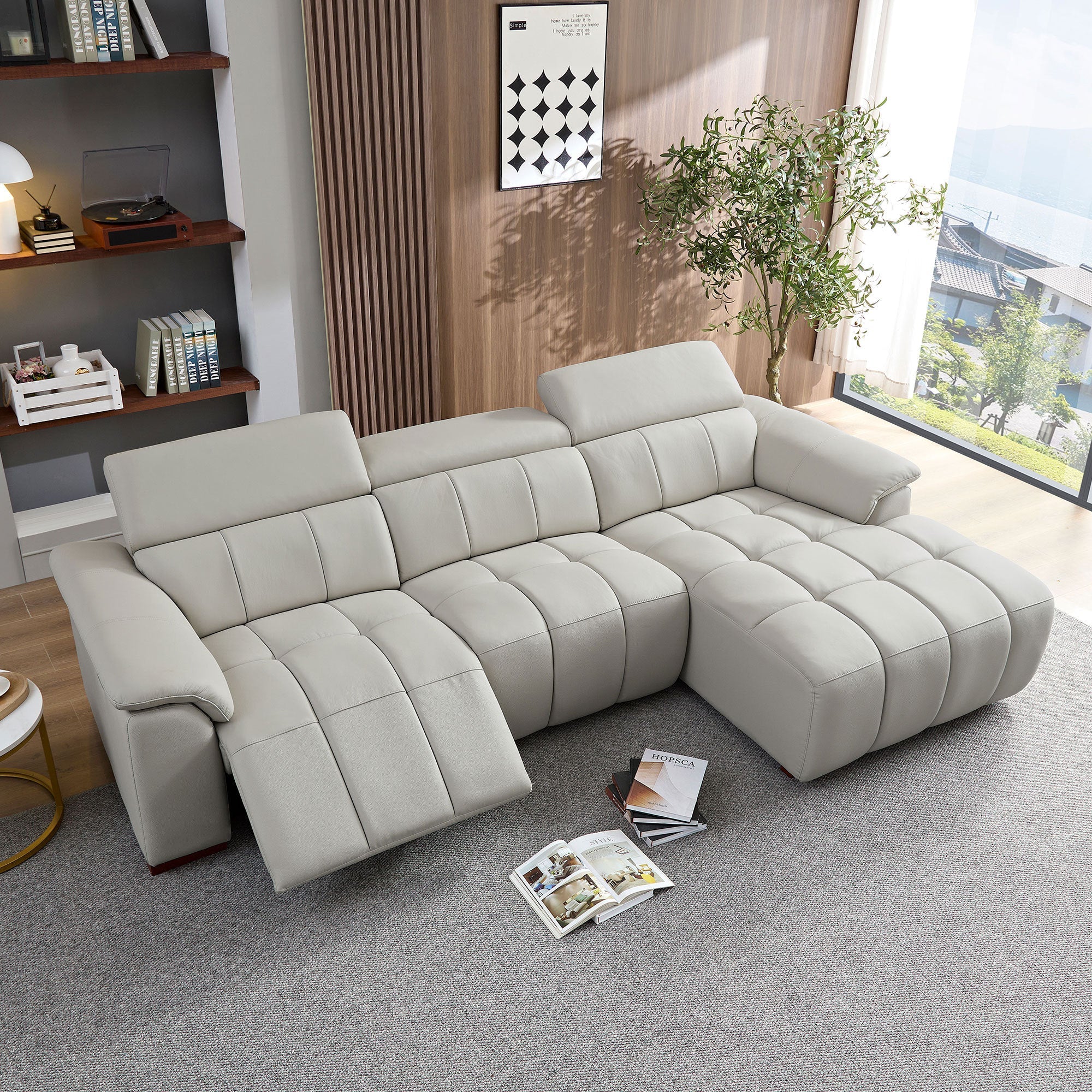 Wall-Hugger Reclining Sofa Modern Electric Control Genuine Leather L Shaped Couch,Lounge Seat Theater Seating Furniture with USB Port, Sofa with Headrest & Footrest for Living Room,Apartment,Office