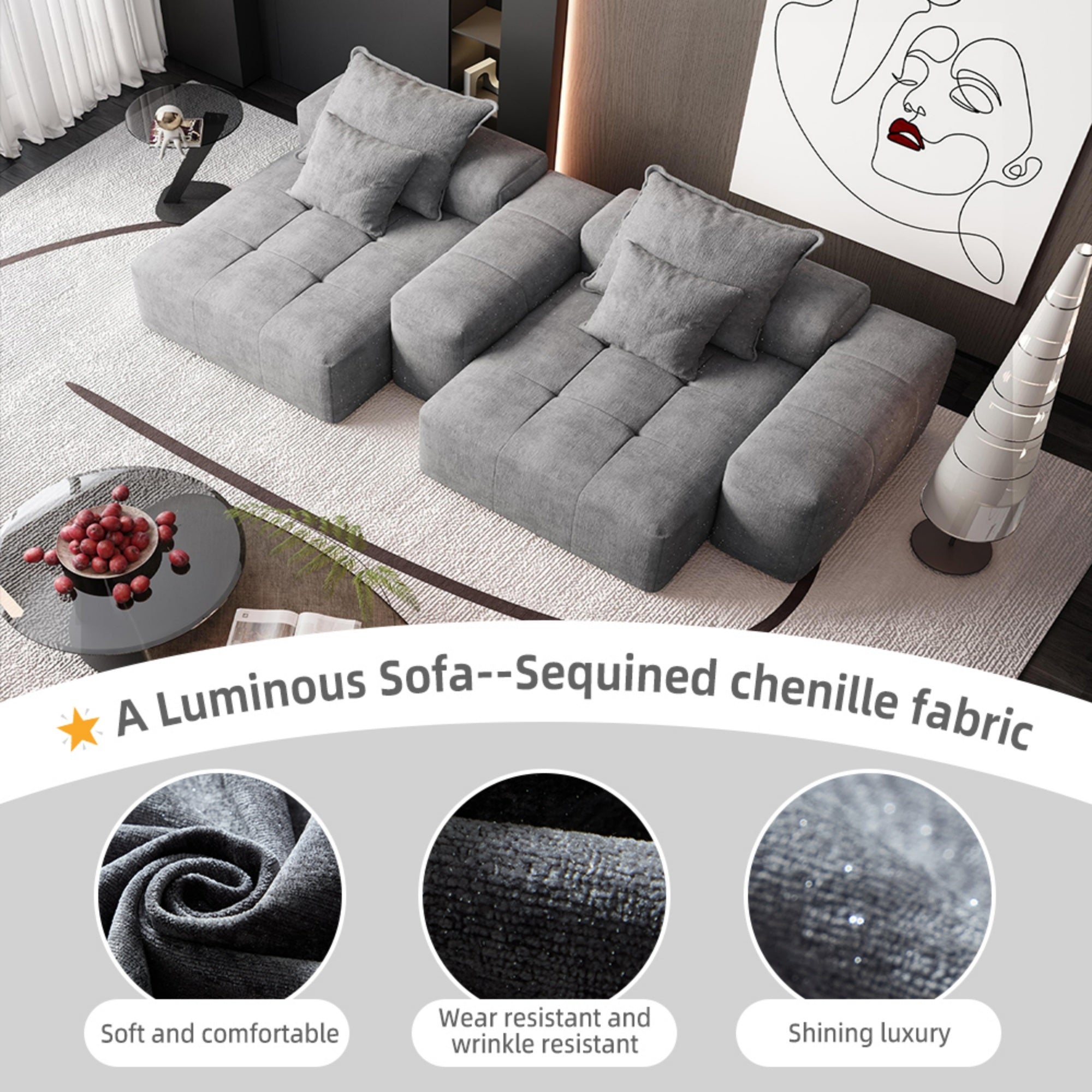 Modern Oversized Modular Sectional Sofa with 2 Chaise Lounge and 2 Armrest, Sparkling Chenille Fabric Soft Cushion Sofa with 4 Pillows, 4 PCS DIY Combination Tufted Sofa, No Assembly Required, GREY
