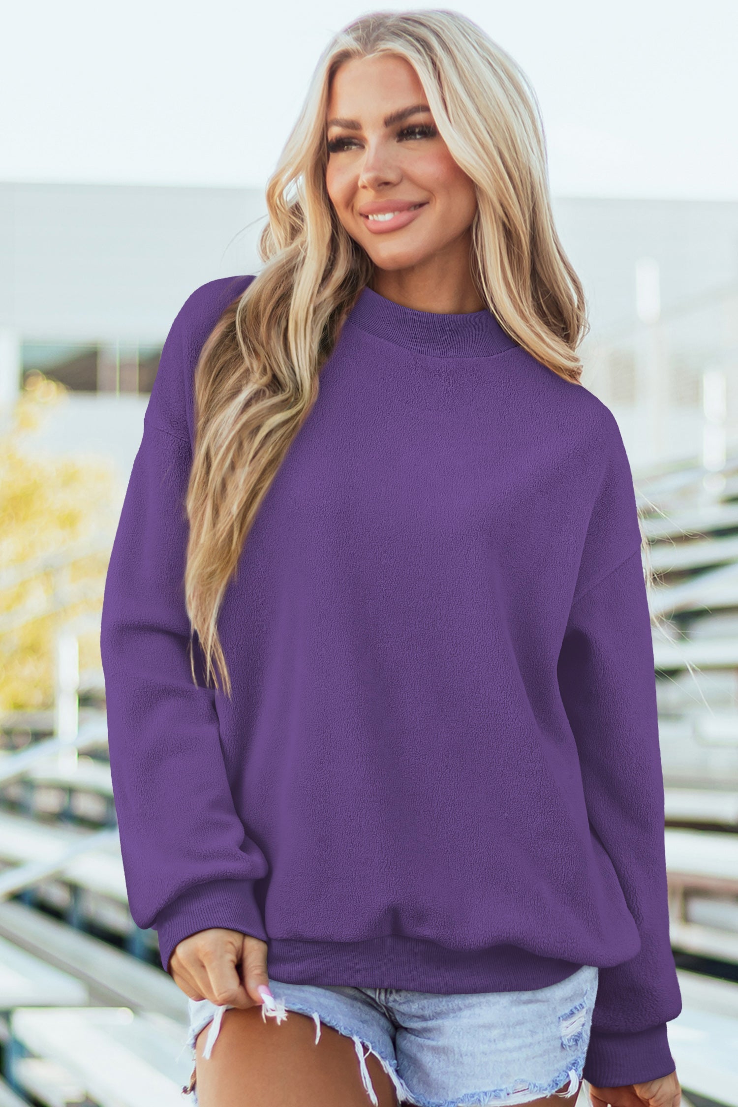 Solid Mock Neck Drop Shoulder Oversize Sweatshirt