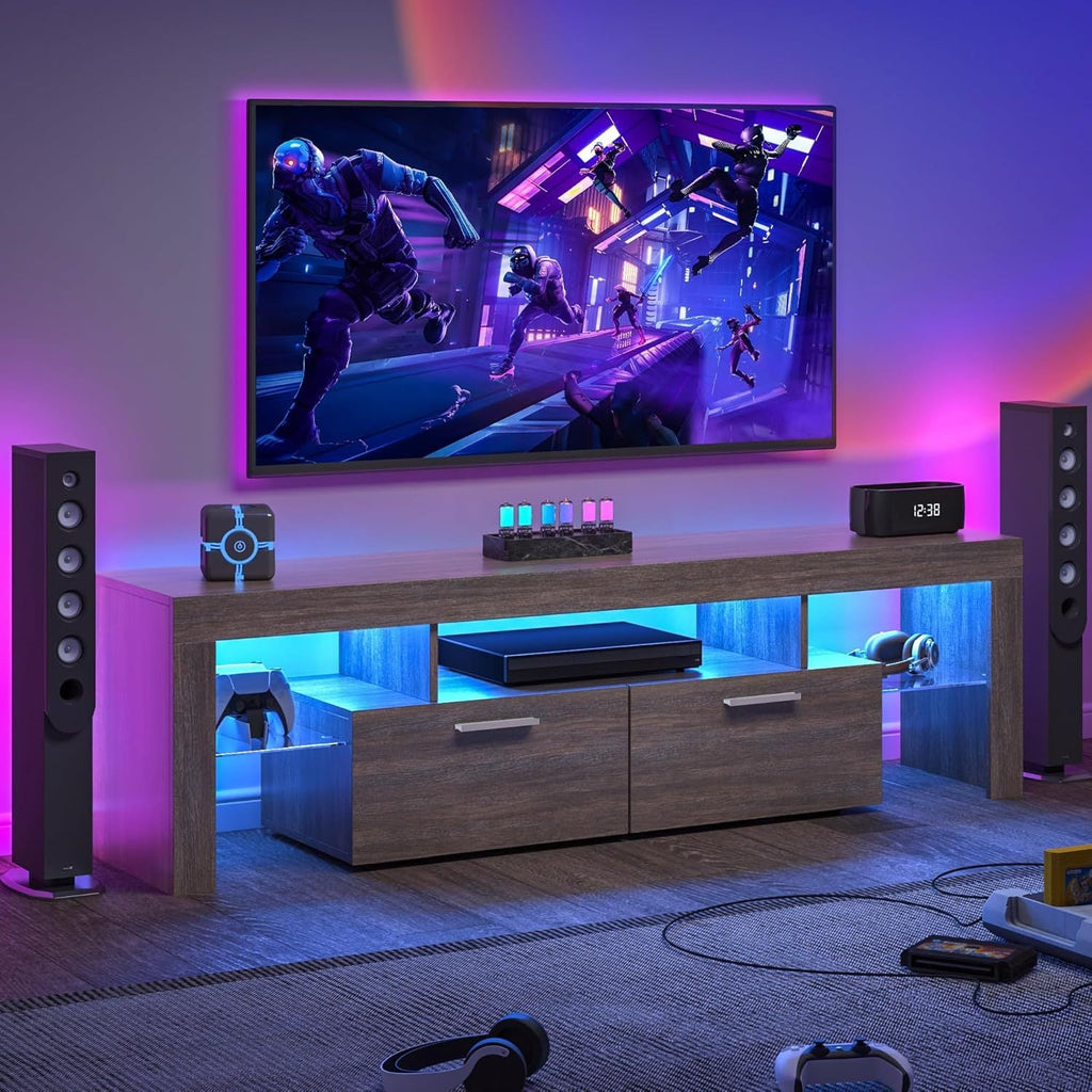 DFW Modern LED TV Stand with Large Storage Drawer for 40 50 55 60 65 70 75 Inch TVs, Brown Wood Farmhouse TV Console with Glossy Entertainment Center for Living Room, Bedroom