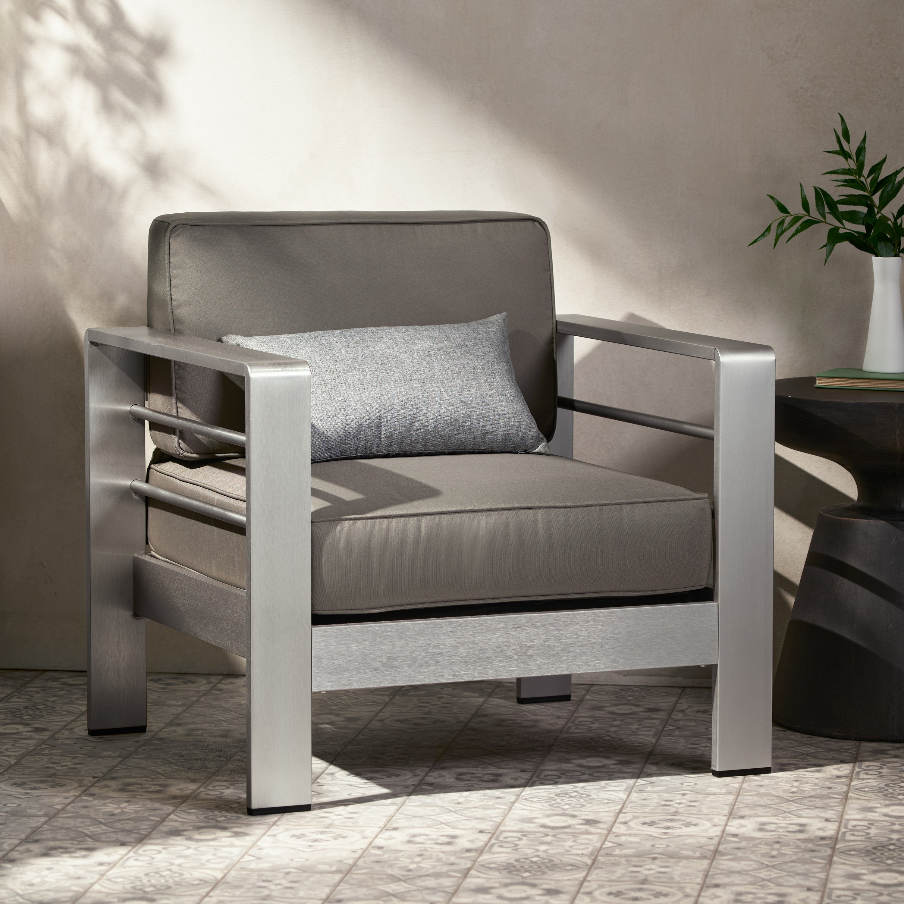Outdoor Aluminum Club Chair with Cushion, Grey