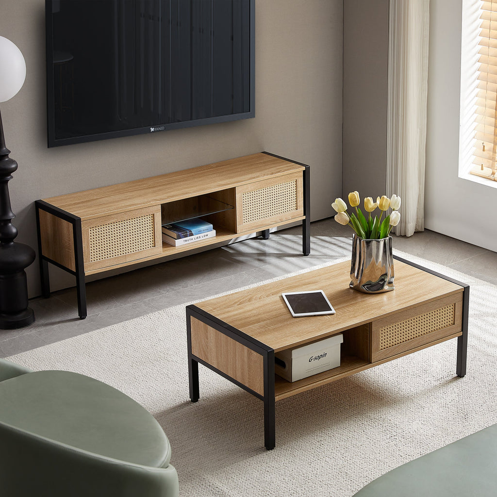 Natural Rattan TV Cabinet with Color Light Strip, Double Sliding Doors, Adjustable Shelf, Metal Legs, 54.33 Inches