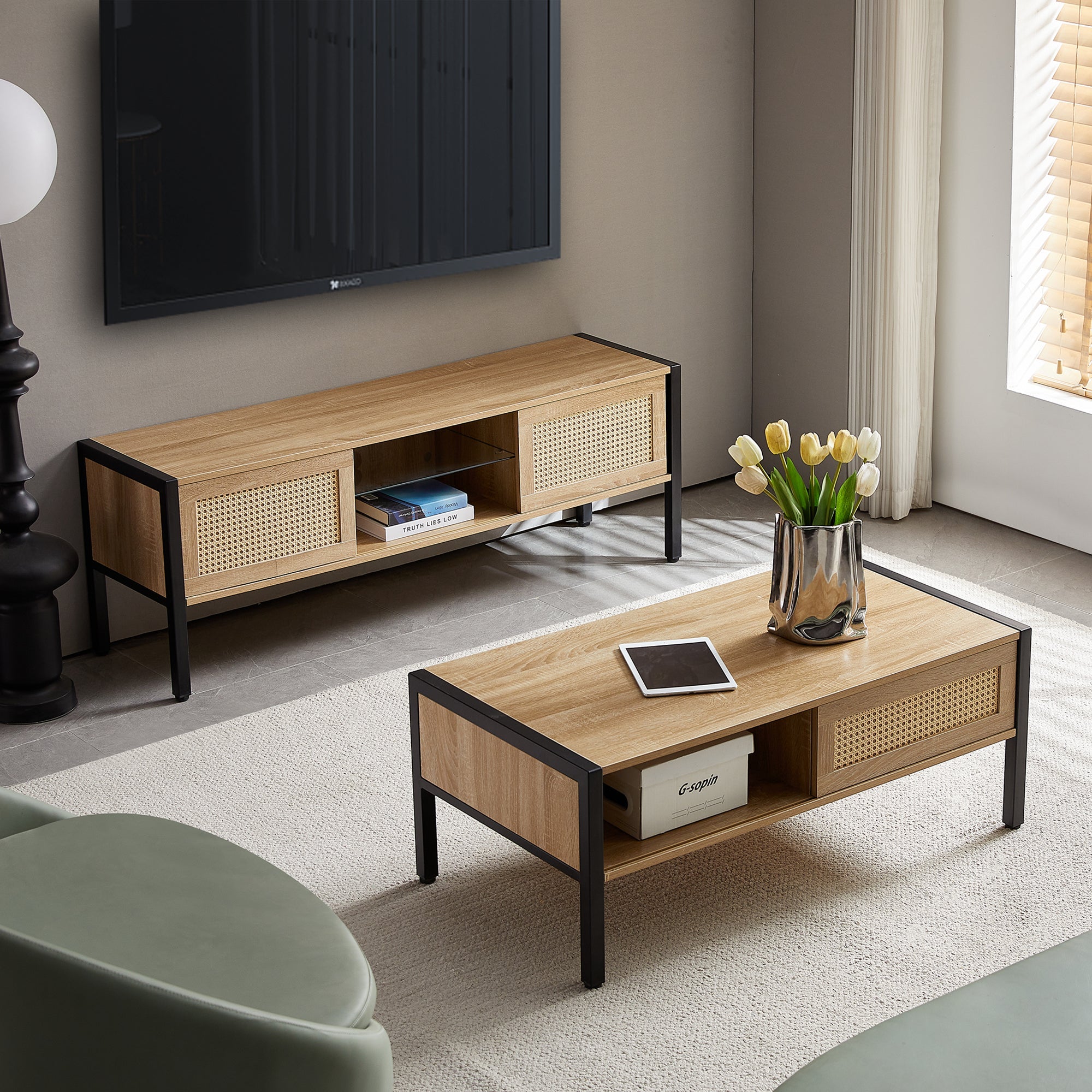 Natural Rattan TV Cabinet with Color Light Strip, Double Sliding Doors, Adjustable Shelf, Metal Legs, 54.33 Inches