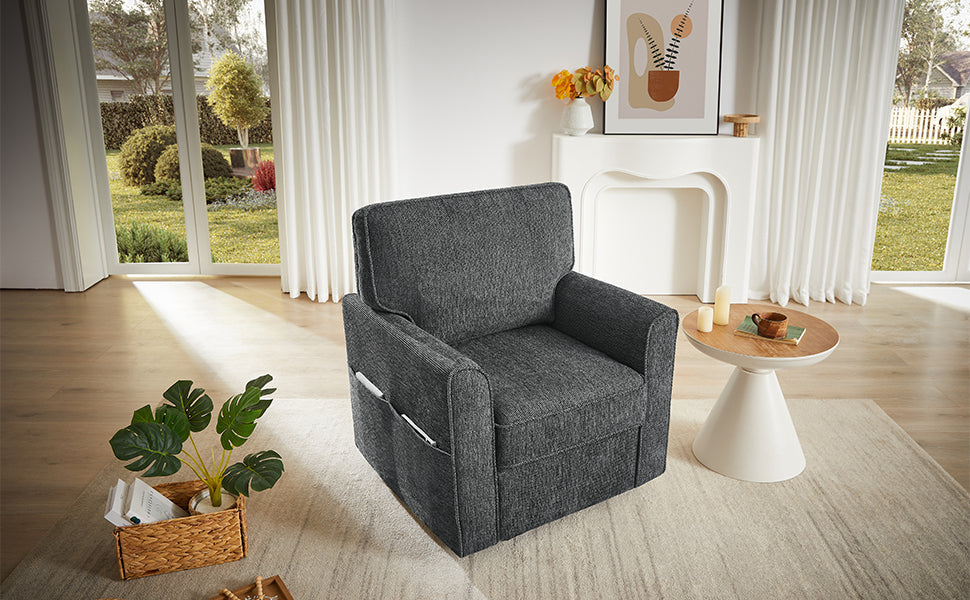 360° Swivel Chair Accent Barrel Armchair with Side Pockets, Grey Chenille, Compact Design for Living Room, Bedroom, Office