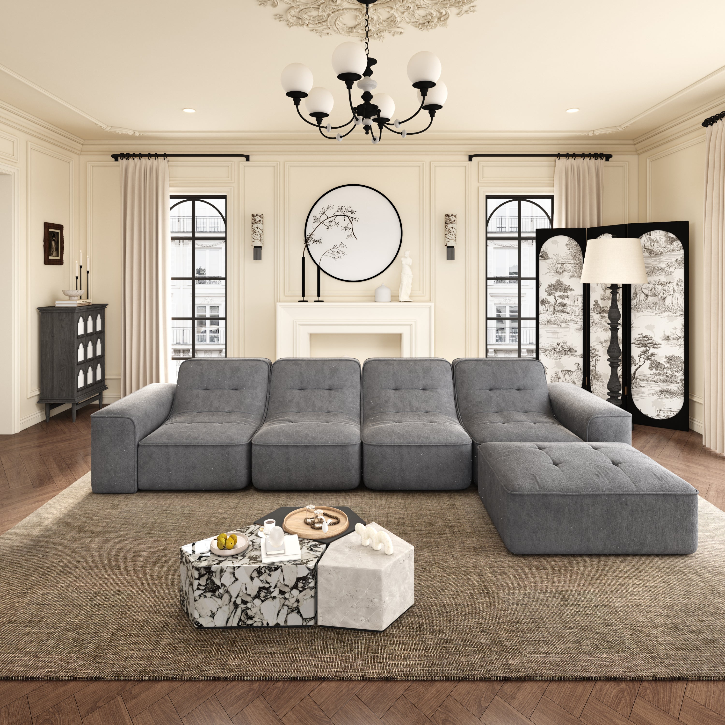 143.7' Modular Sectional Sofa Set with Removable Ottoman,Tufted Design, Deep Seat Couch, Chaise & Accent Chair,Modern DIY Sparkling Chenille Sofa for Living Room, Apartment, Office