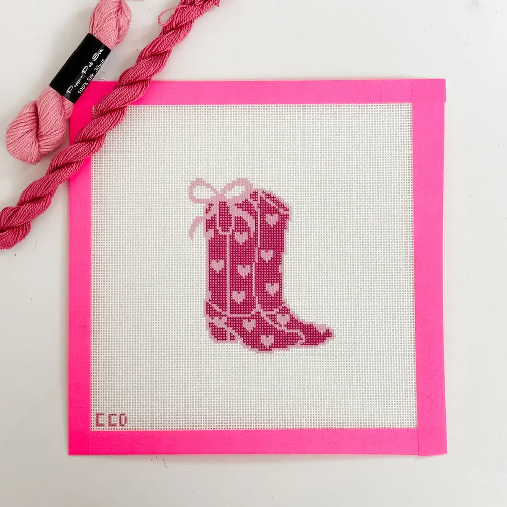 Cotswold Co Designs - Hand-Painted Heart Coquette Cowgirl Boot Needlepoint Canvas