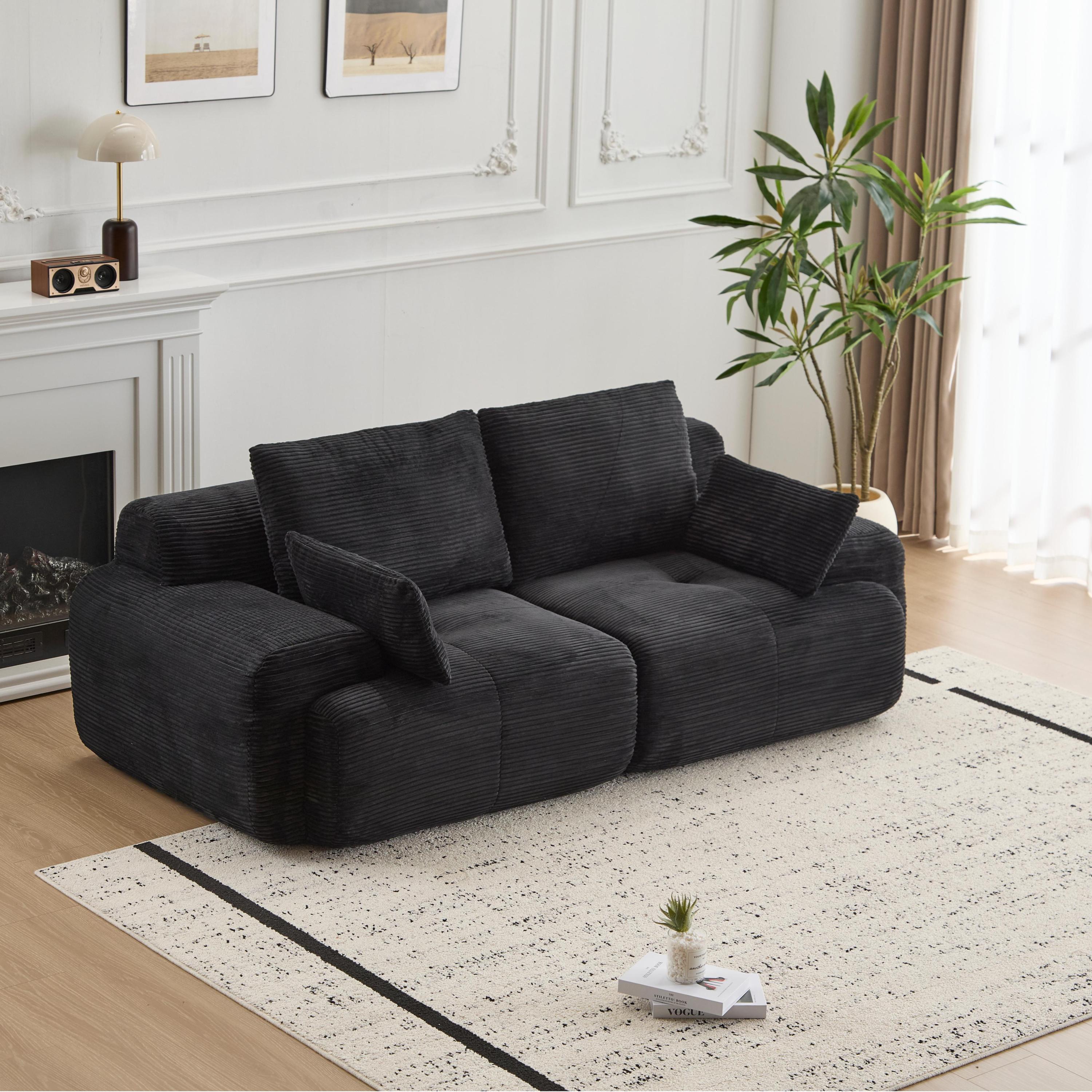 Modern Memory Foam Compressed Sofa,2 Seater Large Sectional Couches for Living Room,Pet-Friendly Cloud Modular Sectional Sofa,Corduroy Fabric,Extra Deep Loveseat,No Assembly required, Black