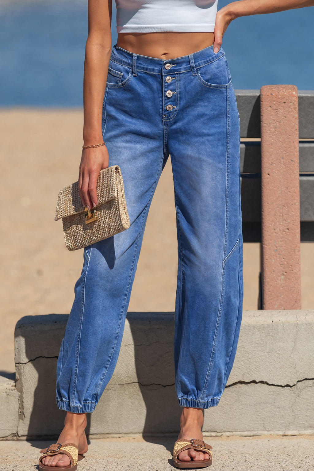 Denim Buttoned Fly Tapered Barrel Leg Jeans