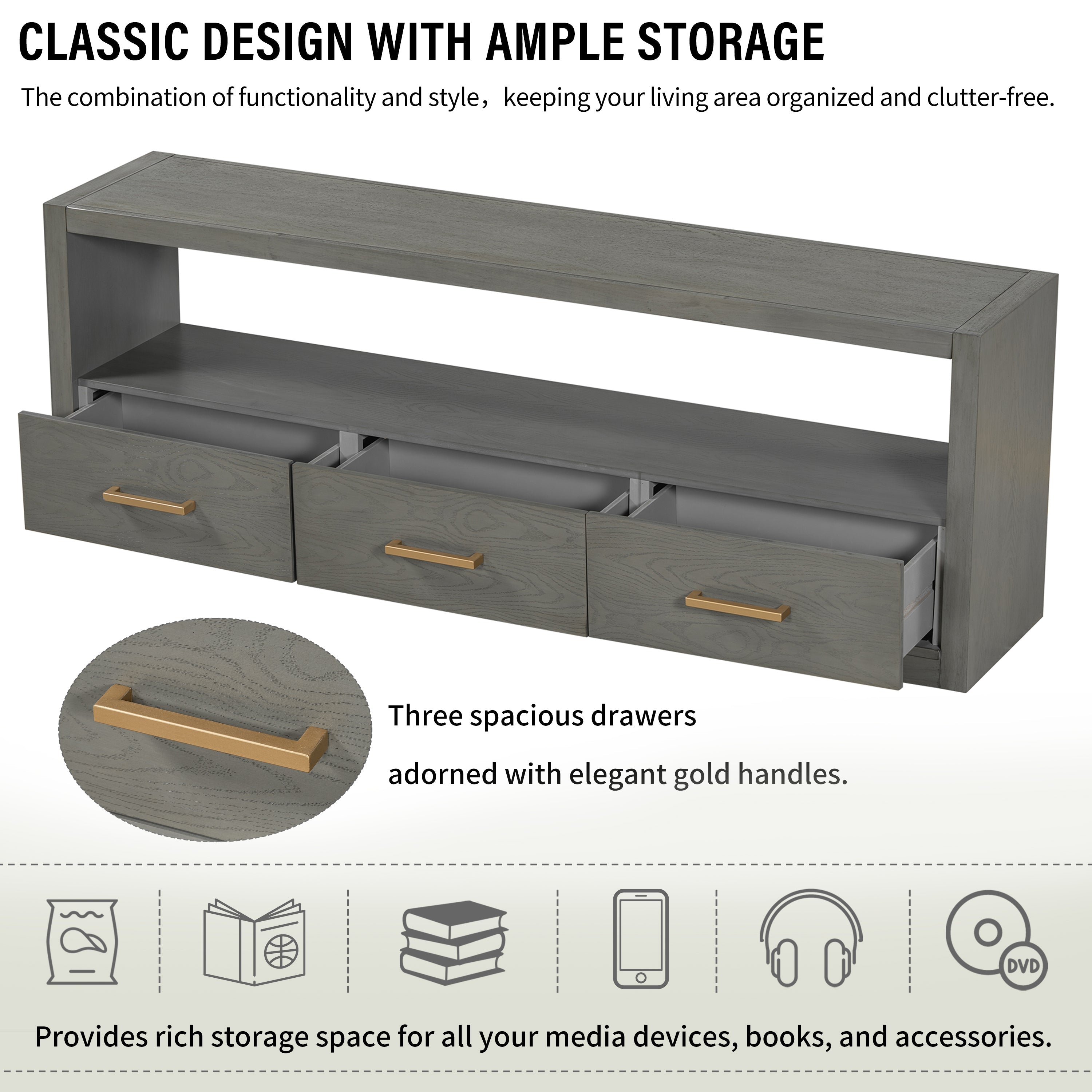 Mirod Stylish TV Stand with Ample Storage,Classic Design with Three Drawers and Spacious Surface,Minimalist Metal Handles,Versatile as TV Console or Side Cabinet