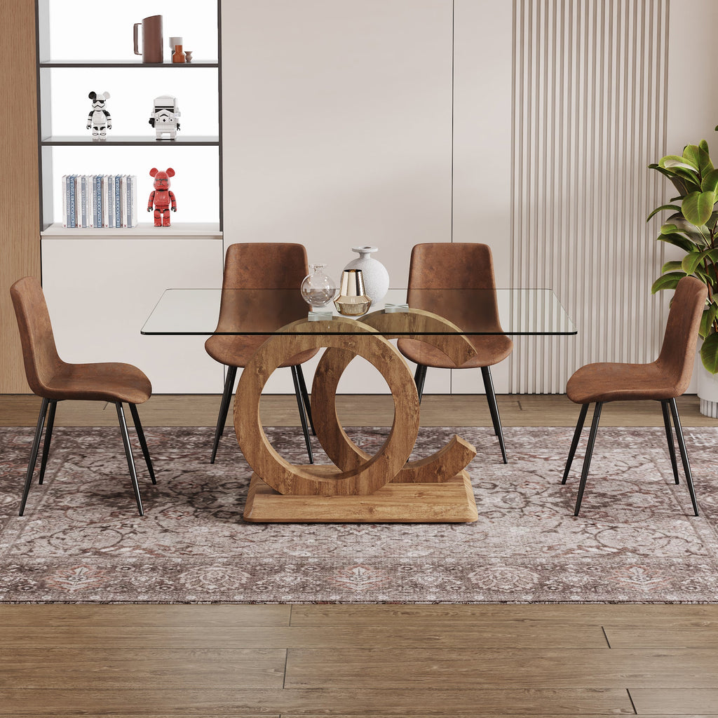 1 table and 4 chairs set.63'x35.4x30' Rectangular Transprant Tempered glass Dining Tabletop with Wood color MDF OC shaped bracket.Paired with 4 brown technology fabric dining chairs.W1151S02014
