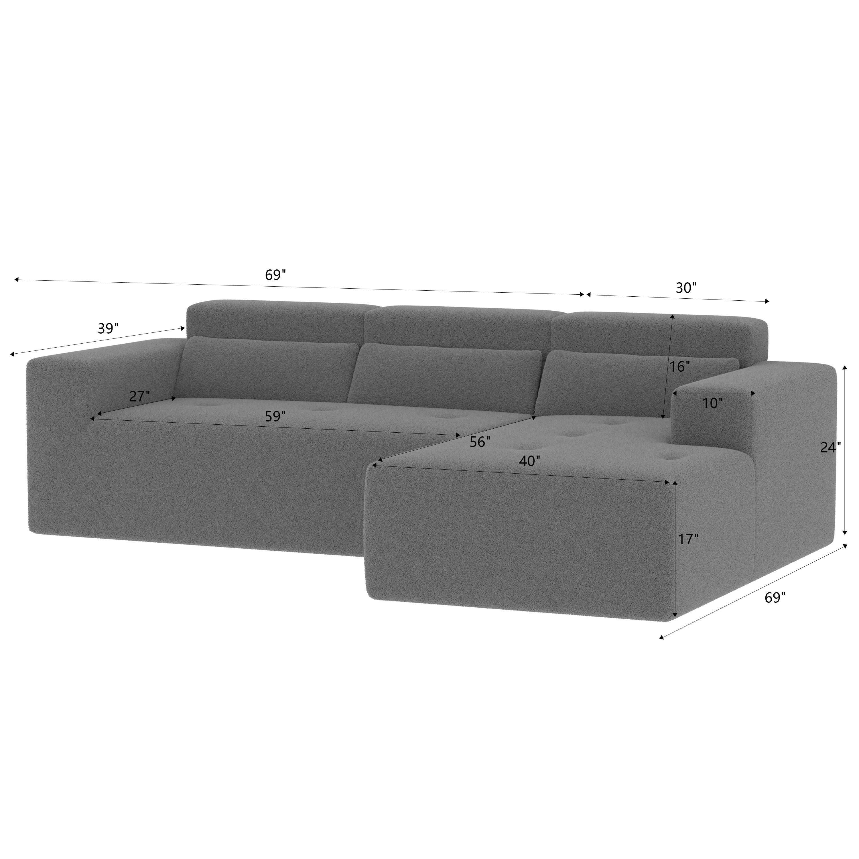 109'' Modern Modular Sectional Sofa, Teddy Fabric L Shaped Couch, 3 Seat Corner Sofa Couch, Modern Upholstered Couch with Chaise & Pillows for Living Room Apartment, No Assembly Required