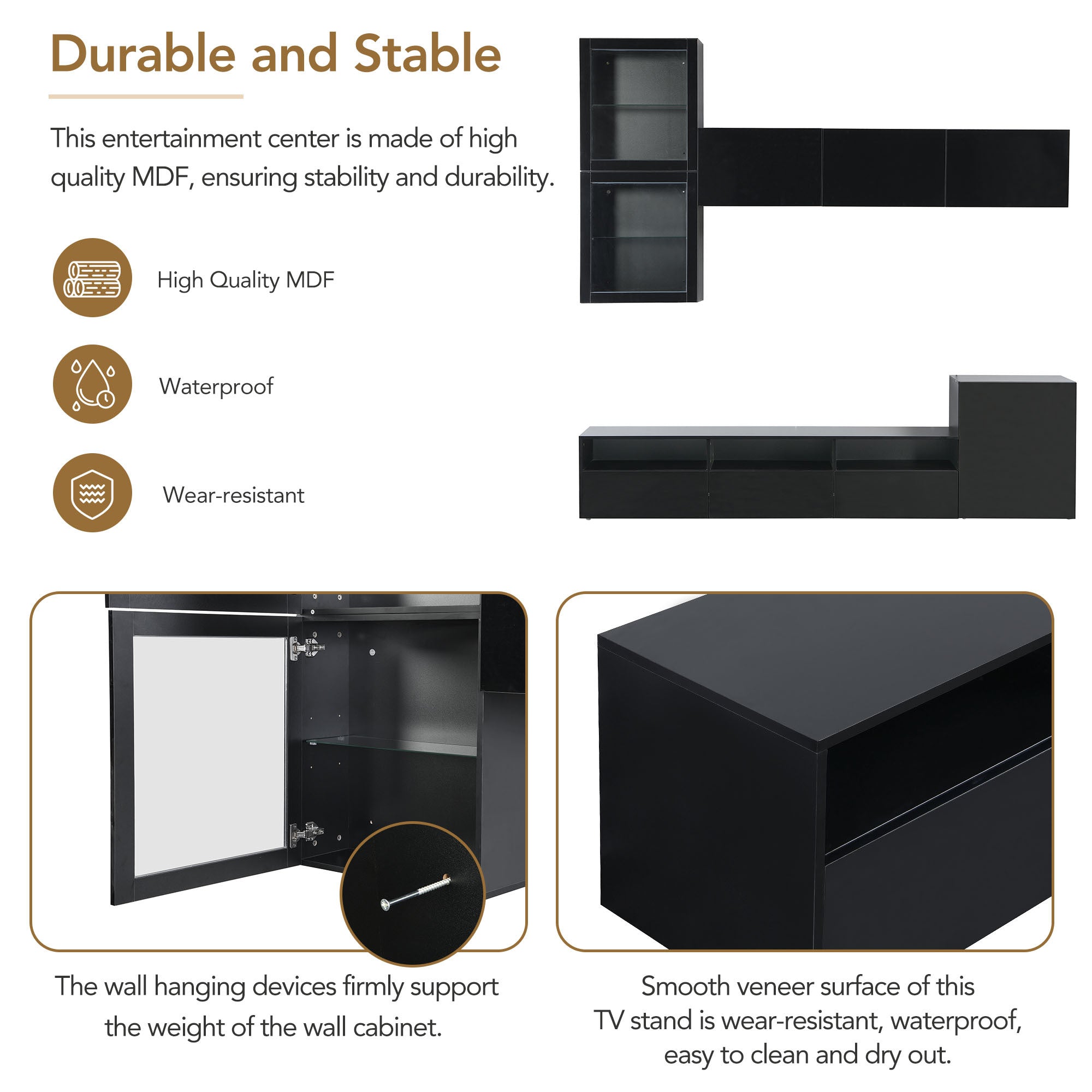 ON-TREND High Gloss TV Stand with Ample Storage Space, Media Console for TVs Up to 78', Versatile Entertainment Center with Wall Mounted Floating Storage Cabinets for Living Room, Black