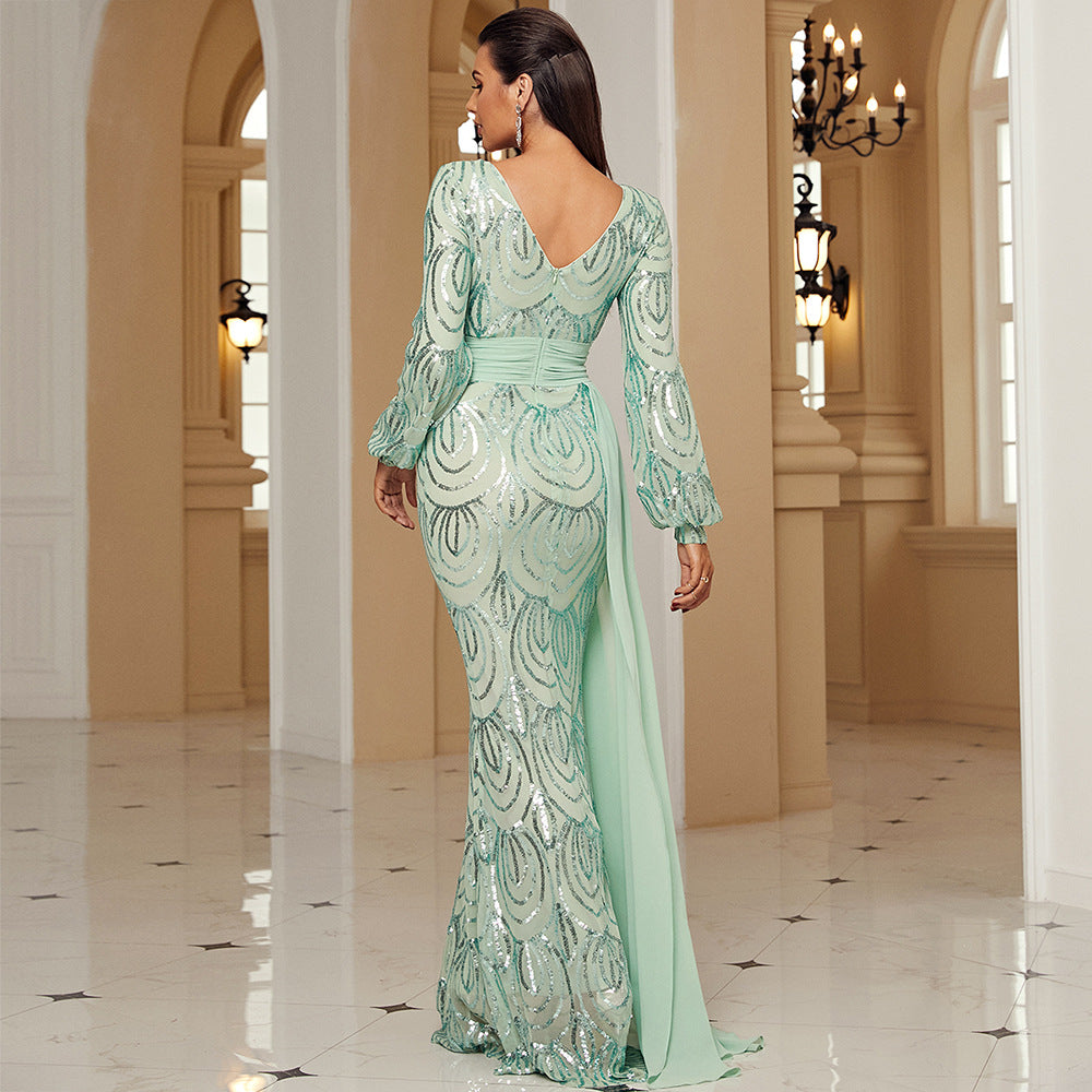 Long Sleeve Sexy Long Sequined V-neck Banquet Ribbon Evening Dress (See size chart where applicable)