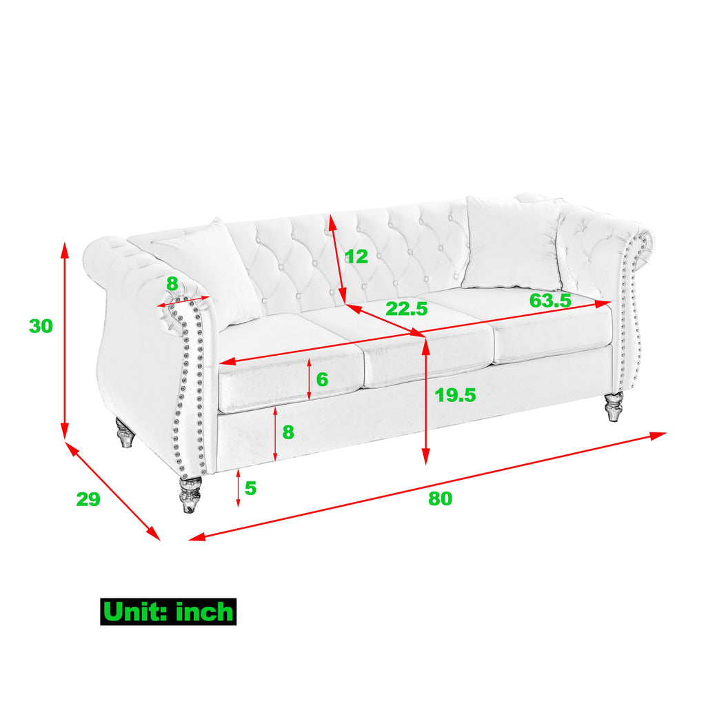 [Video] 80' Chesterfield Sofa Black Velvet for Living Room, 3 Seater Sofa Tufted Couch with Rolled Arms and Nailhead for Living Room, Bedroom, Office, Apartment, two pillows