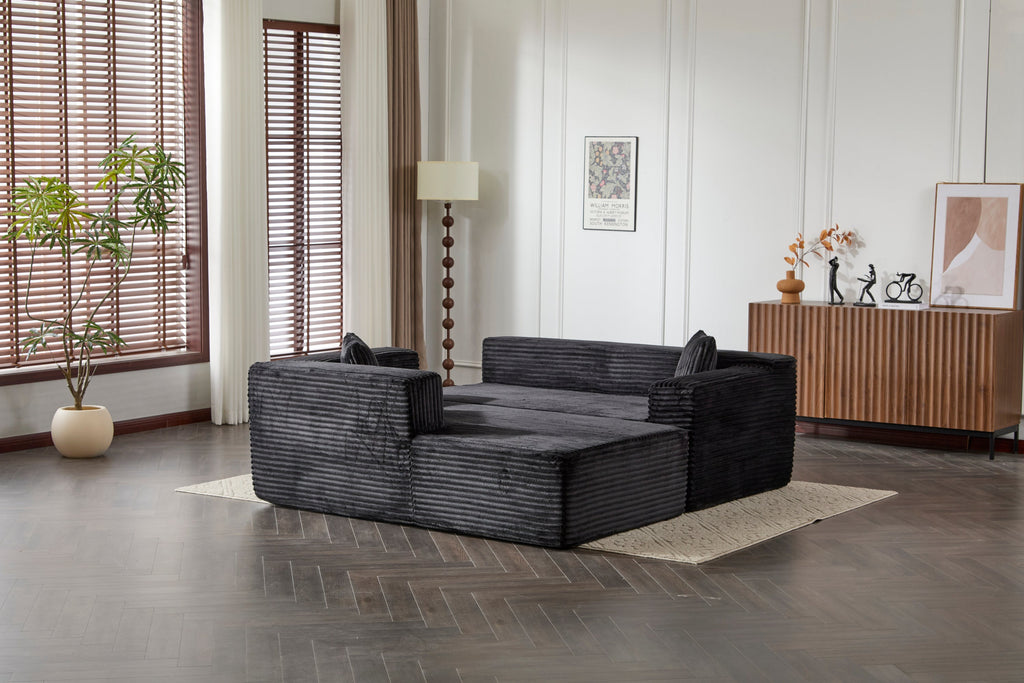 Compression Sectional Couch with Comfy Chaise, Boneless L Shape Sofa with Deep Seat, Minimalist Modular Couches Sleeper for Living Room Bedroom Apartment Lounge,corduroy,Black