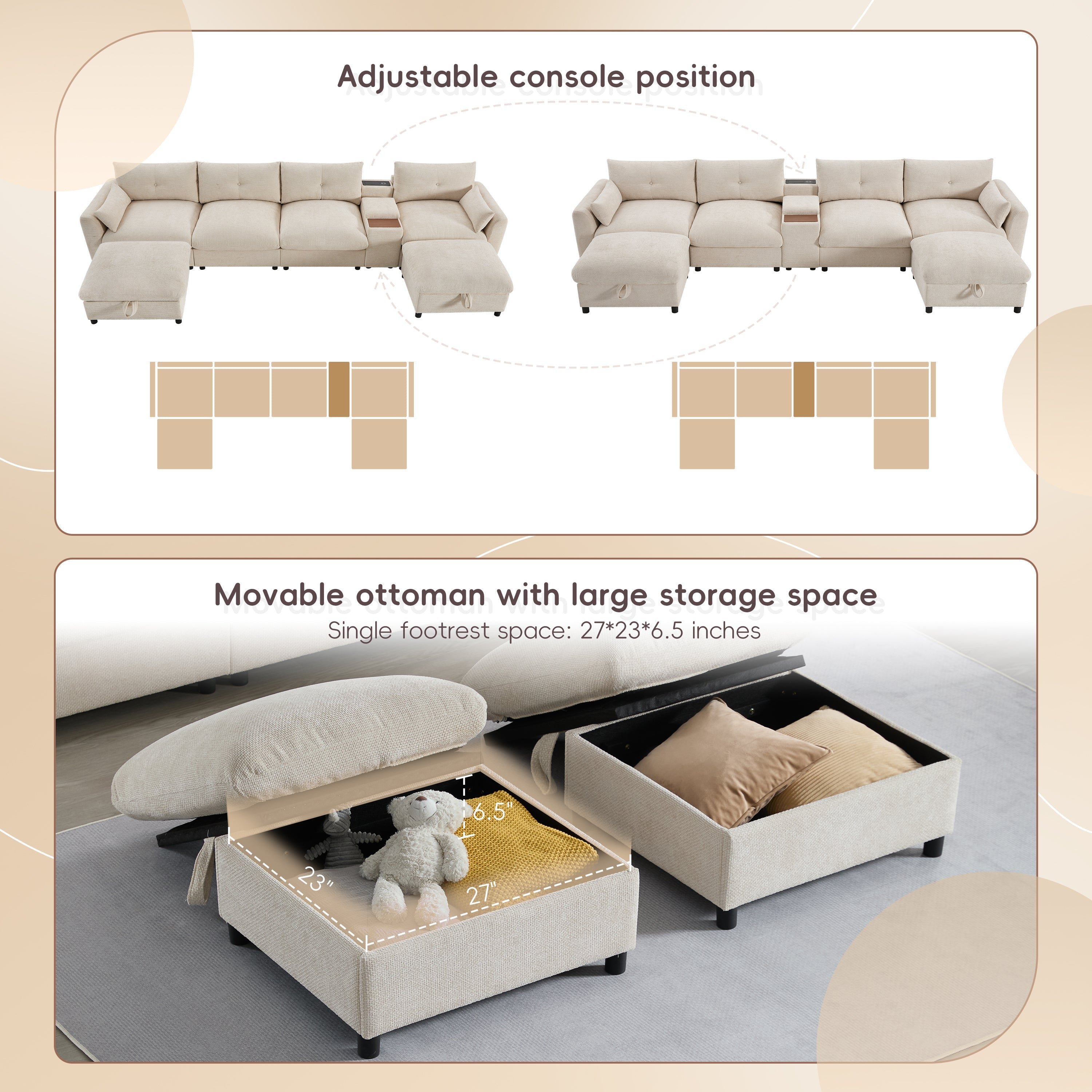 [VIDEO+NEW]142'' Modular Sectional Sofa with Movable Storage Ottoman and Console,Cup Holder,Wide Seat,6 Seat U Shaped Couch,Oversized Chenille Sofa with USB Charger for Living Room,Apartment,2 Colors
