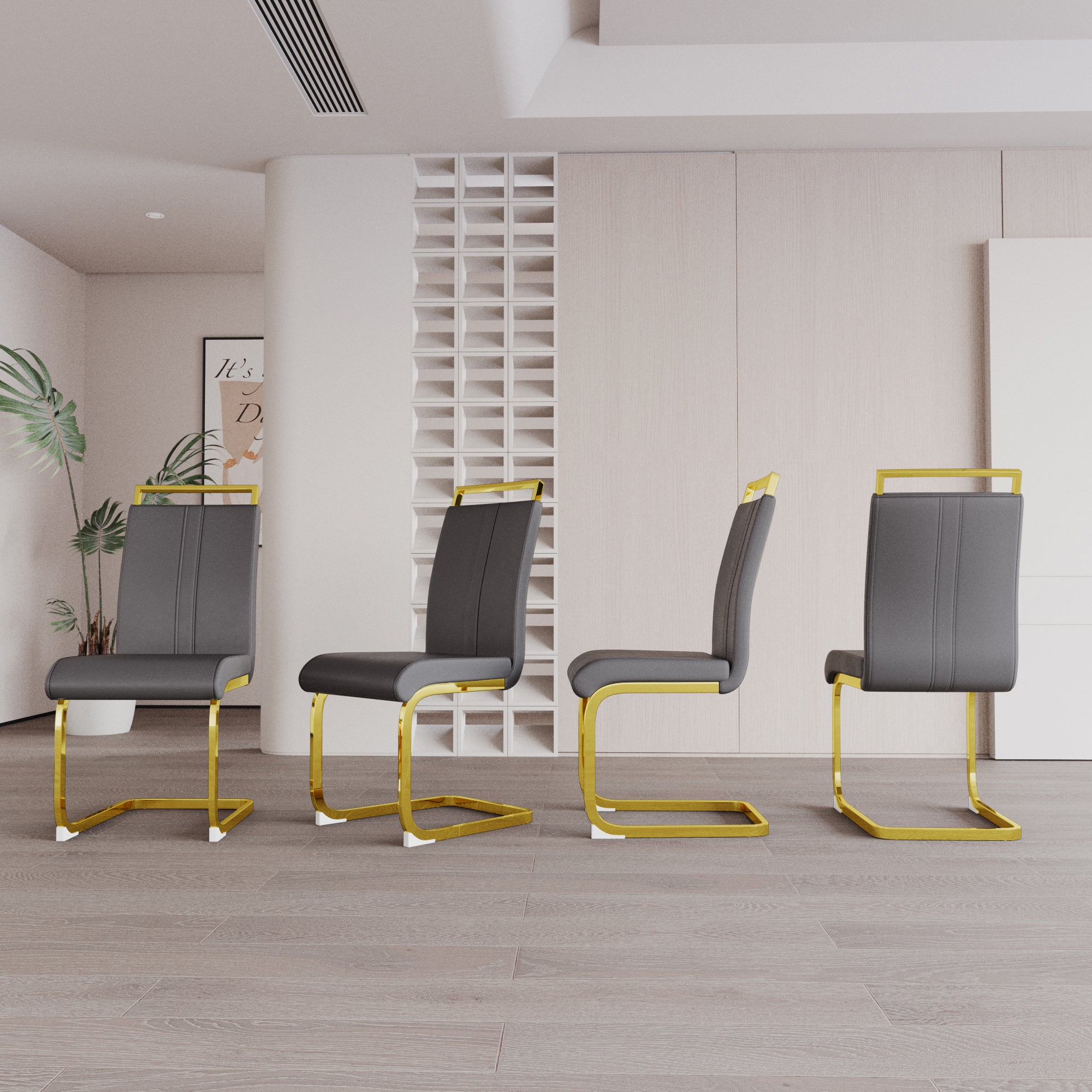 Dining Chairs Set of 4, Side & Kitchen Chairs with Gold Frame, Faux Leather Padded Seat High Back, for Dining, Kitchen & Living Room - Dark Grey