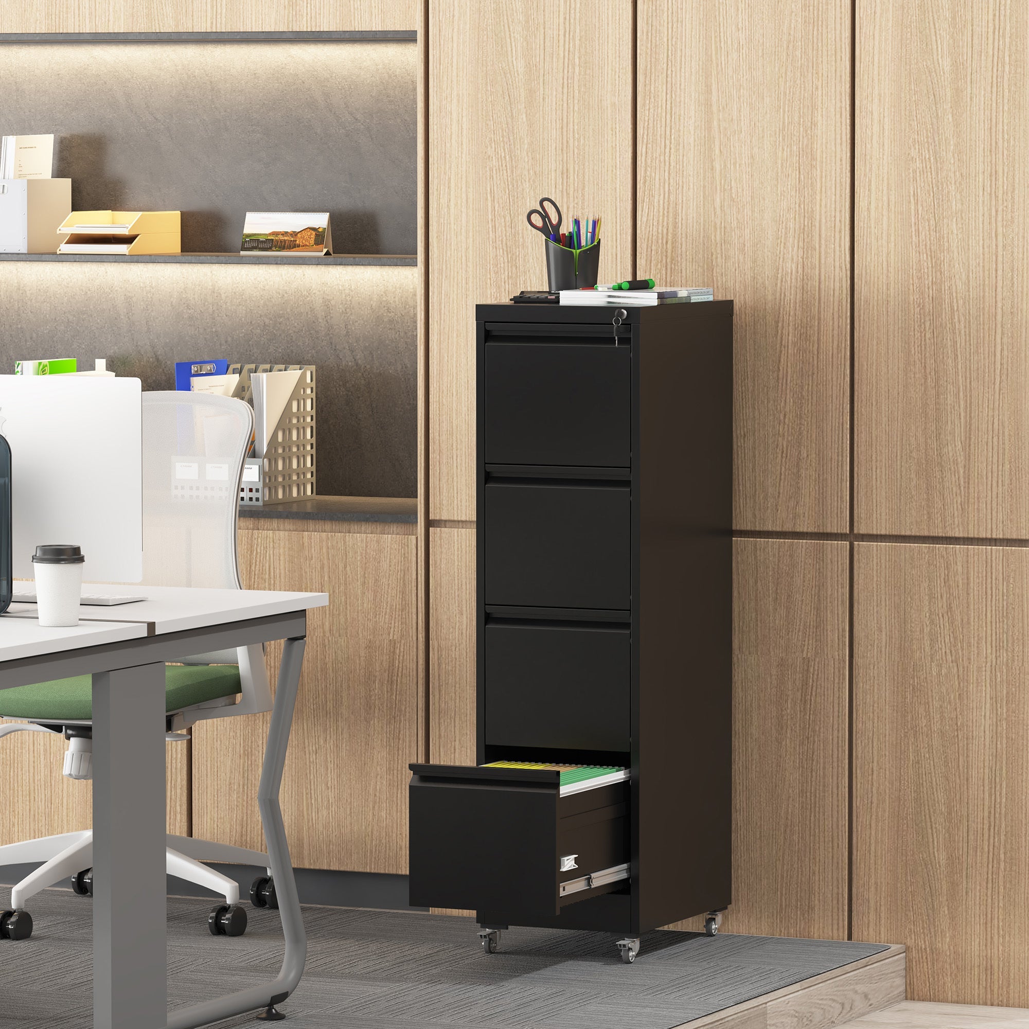 Black Heavy-Duty Metal 4 Drawer Locking Vertical File Cabinet with Wheels for Home & Office, 17.71'D x 15.16'W x 52.28'H
