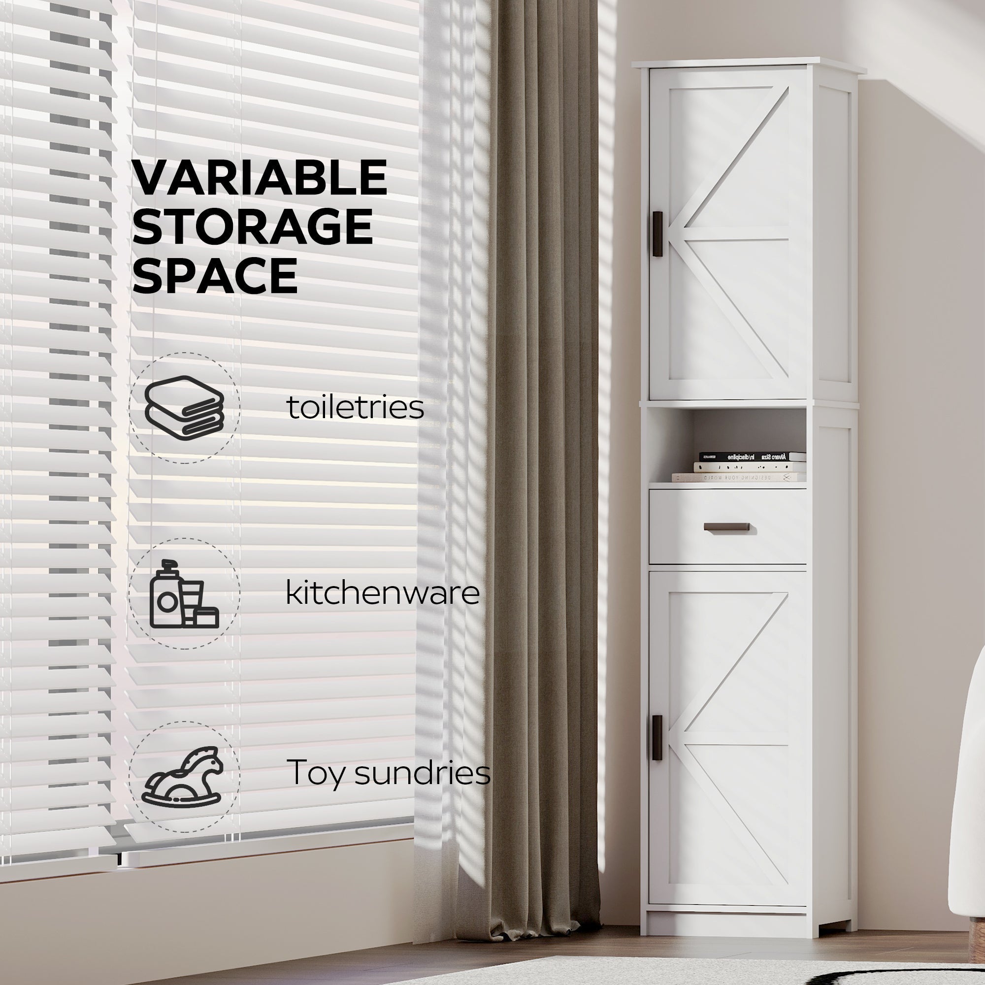 69' H Tall Bathroom Storage Cabinet with 2 Barn Doors and 1 Drawer, Narrow Storage Unit, Adjustable Shelves,Floor Cabinet for Bathroom, Living Room, Entryway,Kitchen,(White)