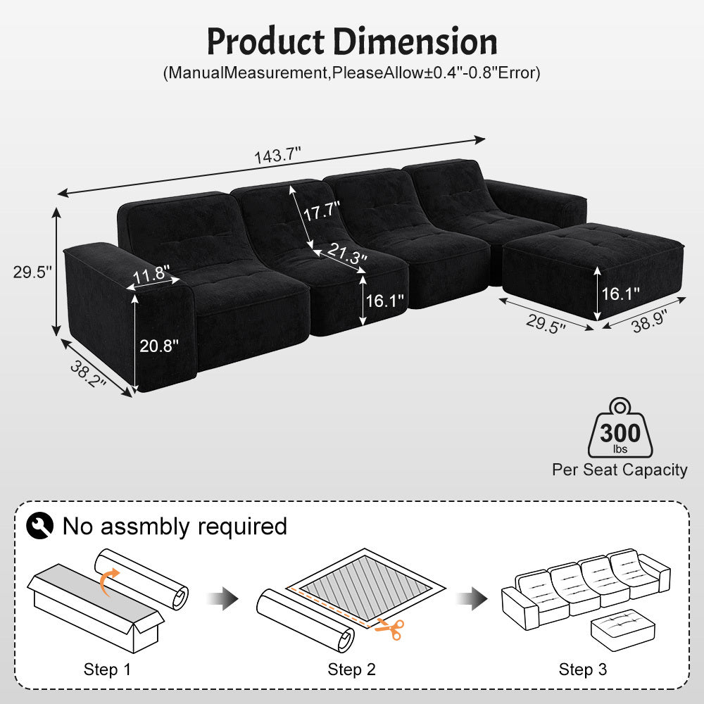 143.7' Modular Sectional Sofa Set with Removable Ottoman,Tufted Design, Deep Seat Couch, Chaise & Accent Chair,Modern DIY Sparkling Chenille Sofa for Living Room, Apartment, Office