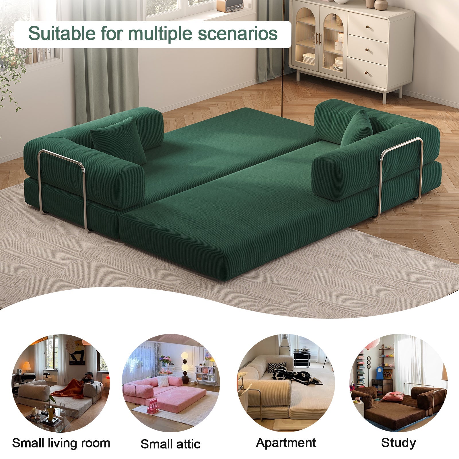 78.8inch  Modular Sectional Sofa, Convertible Pudding Block Sofa, Floor Standing Sofa Bed Arm Comfort Sofa Bed, Compression Sofa for Living Room and Bedroom -  (Green)