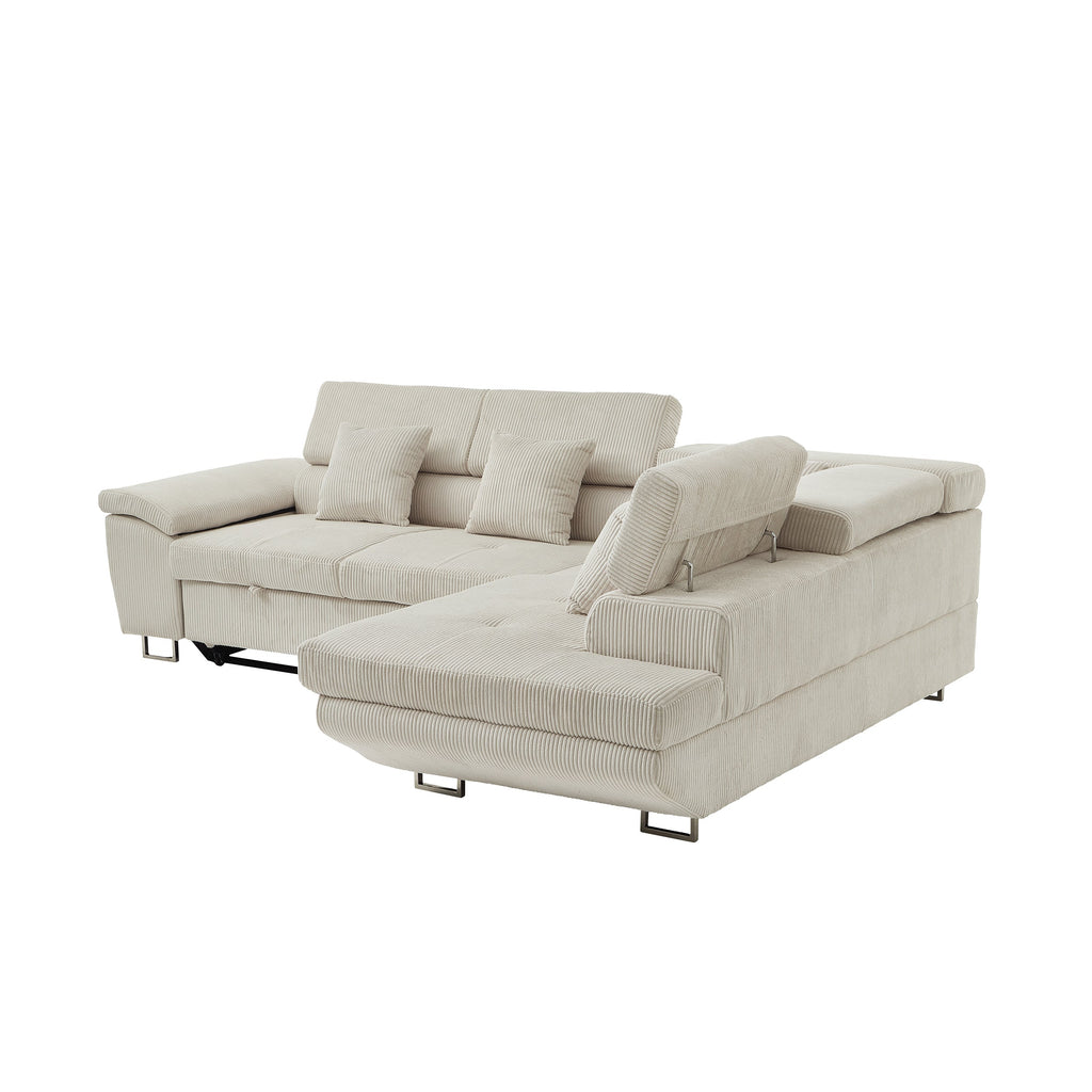 104.3'' Pull Out Sofa Bed with Storage Left Chaise Sofa Bed Corduroy Velvet Upholstery Beige