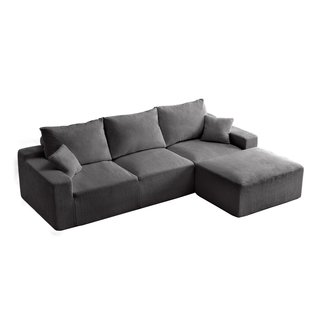 '110' L-Shaped Sectional Sofa, Full-Compression 3-Seater Cloud Couch with Chaise, No Assembly Required Sofa for Living Room, Ultra-Soft Deep Seat Modular Sofa(Corduroy, Grey)