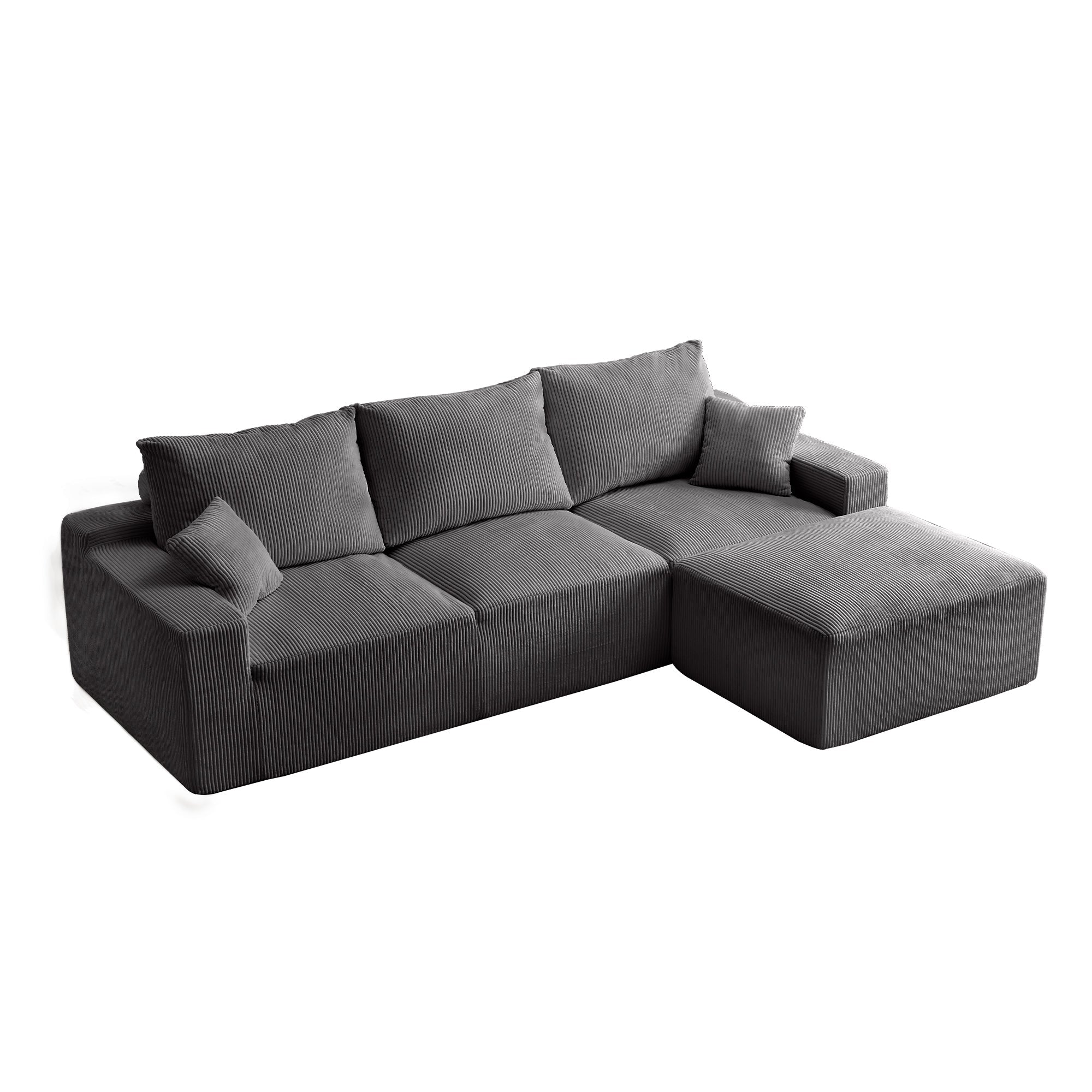 '110' L-Shaped Sectional Sofa, Full-Compression 3-Seater Cloud Couch with Chaise, No Assembly Required Sofa for Living Room, Ultra-Soft Deep Seat Modular Sofa(Corduroy, Grey)