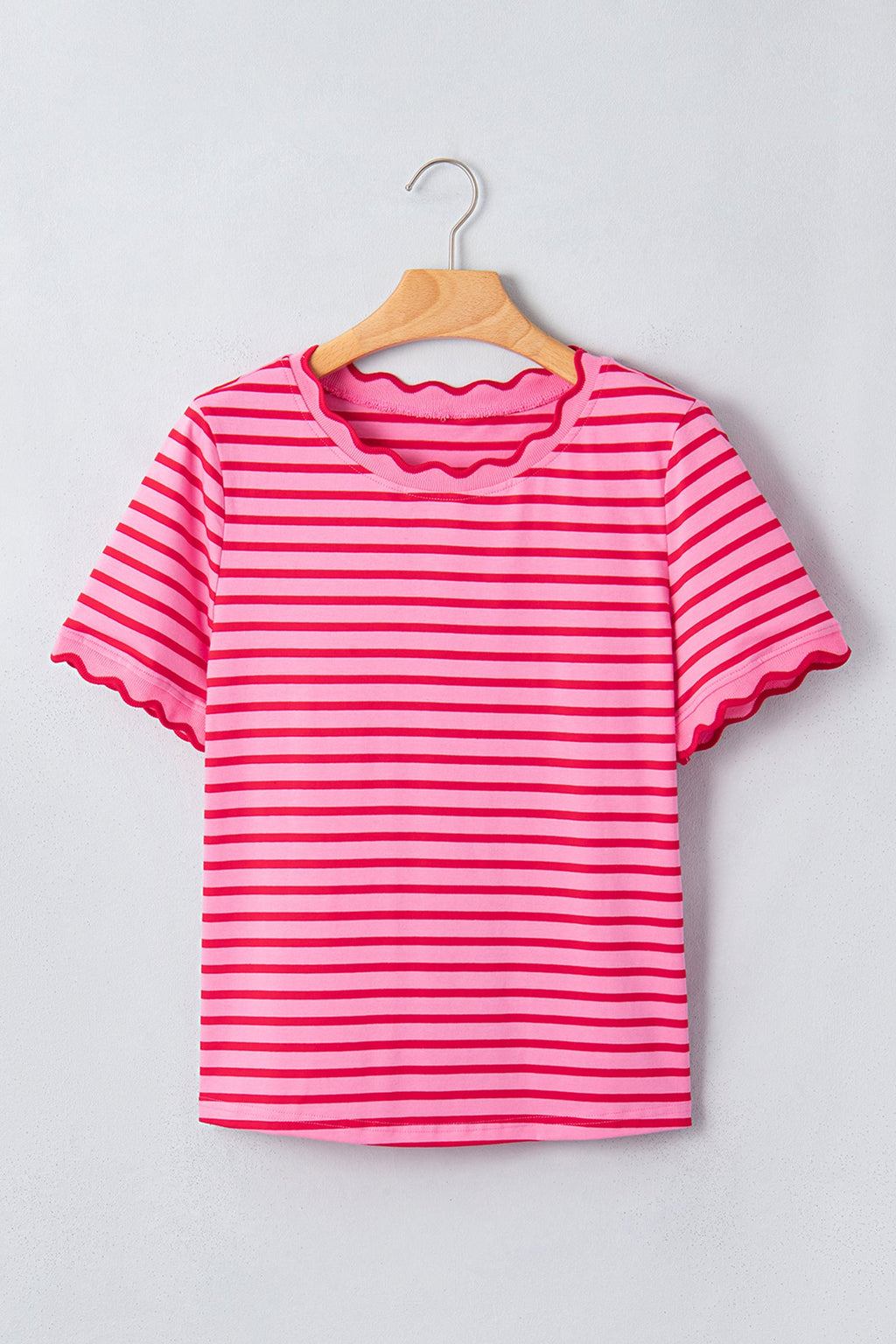 Stripe Scallop Trim Round Neck T-Shirt