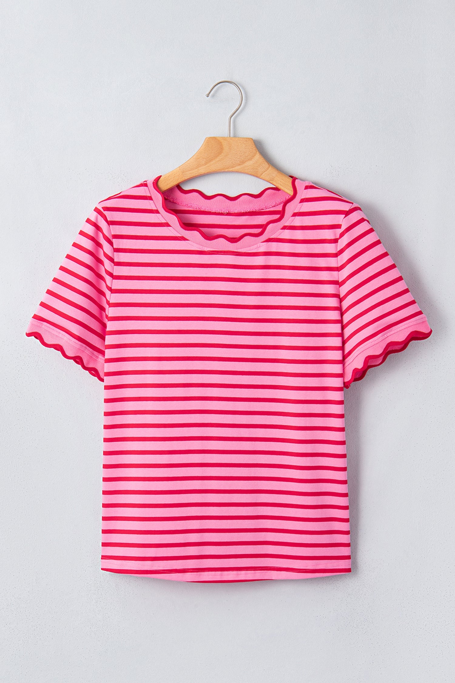 Stripe Scallop Trim Round Neck T-Shirt
