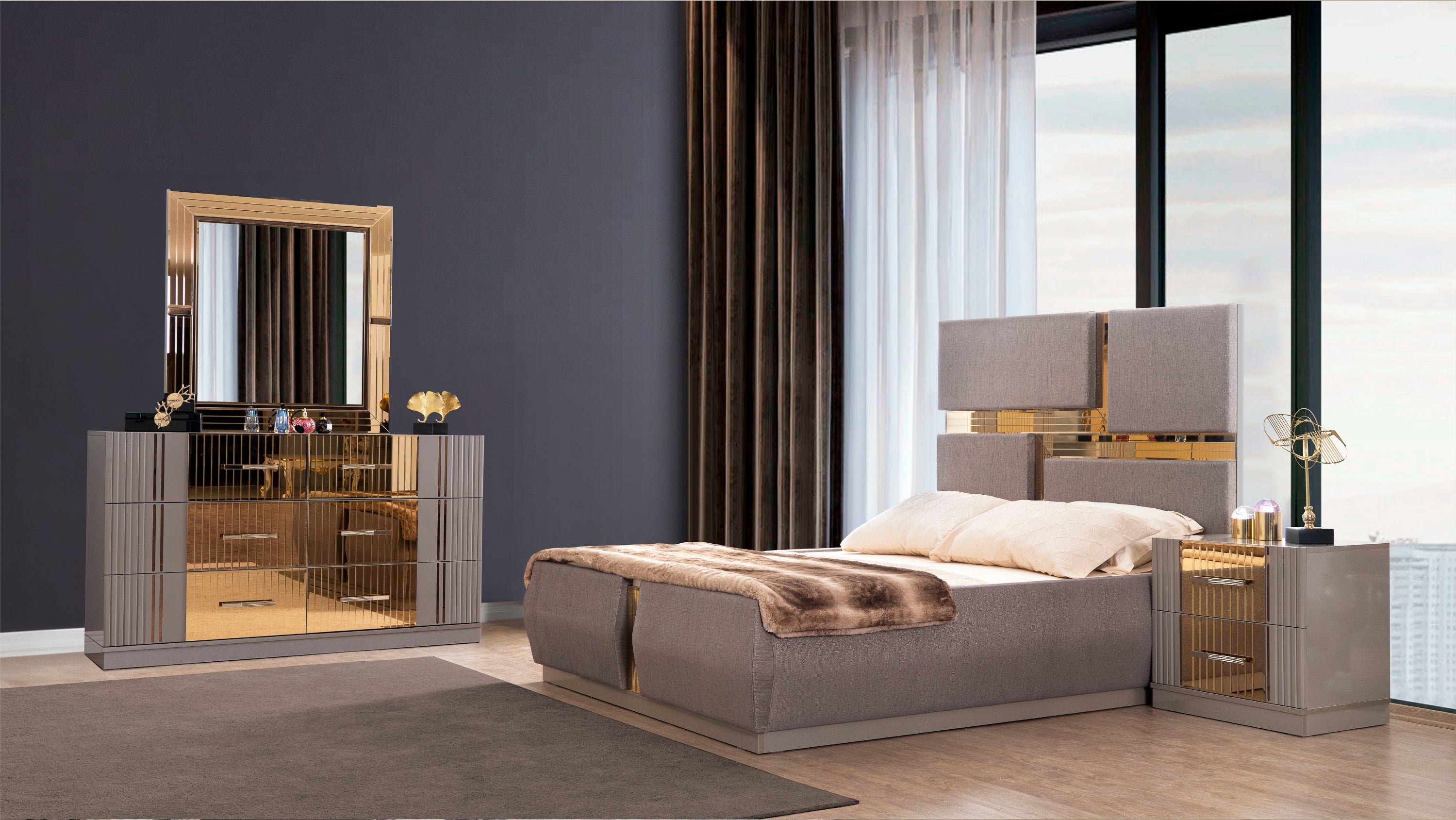 Lorenzo King 4 Pc Bedroom Set made with wood and Gold Accents  in Gray(NJ Warehouse Inventory)