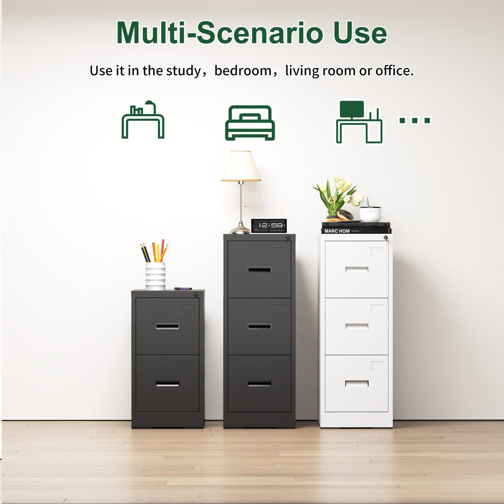 Modern Black 2 Drawer Metal Vertical File Cabinet with Lock and Card Slot for Office and Home Use