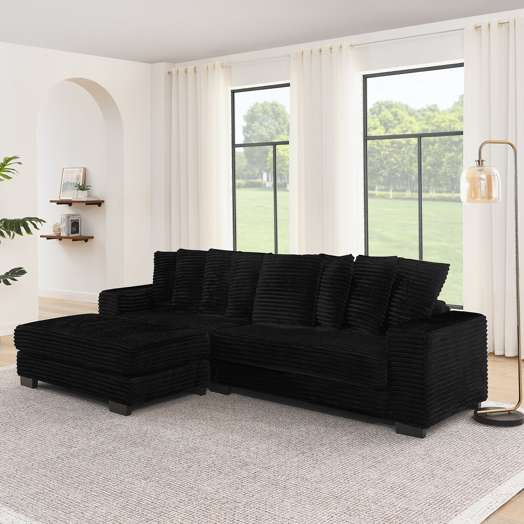 Corduroy Tufted Upholstered Sleeper Sectional Sofa, L-Shaped Modular Convertible Sofa , Can freely change the position of the footrests-Black(Assembly is required)