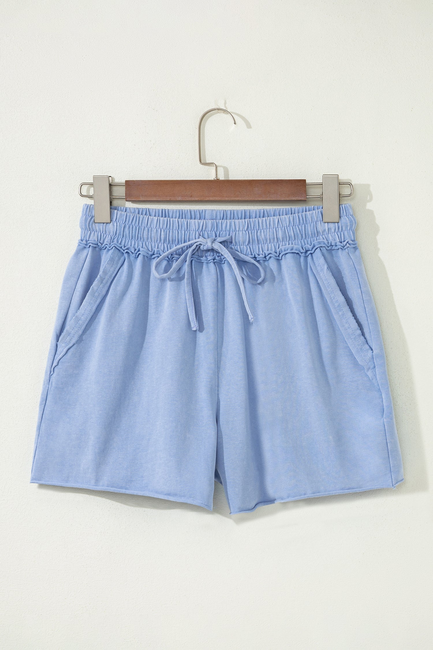 Mineral Wash Drawstring Elastic Waist Raw Edge Shorts
