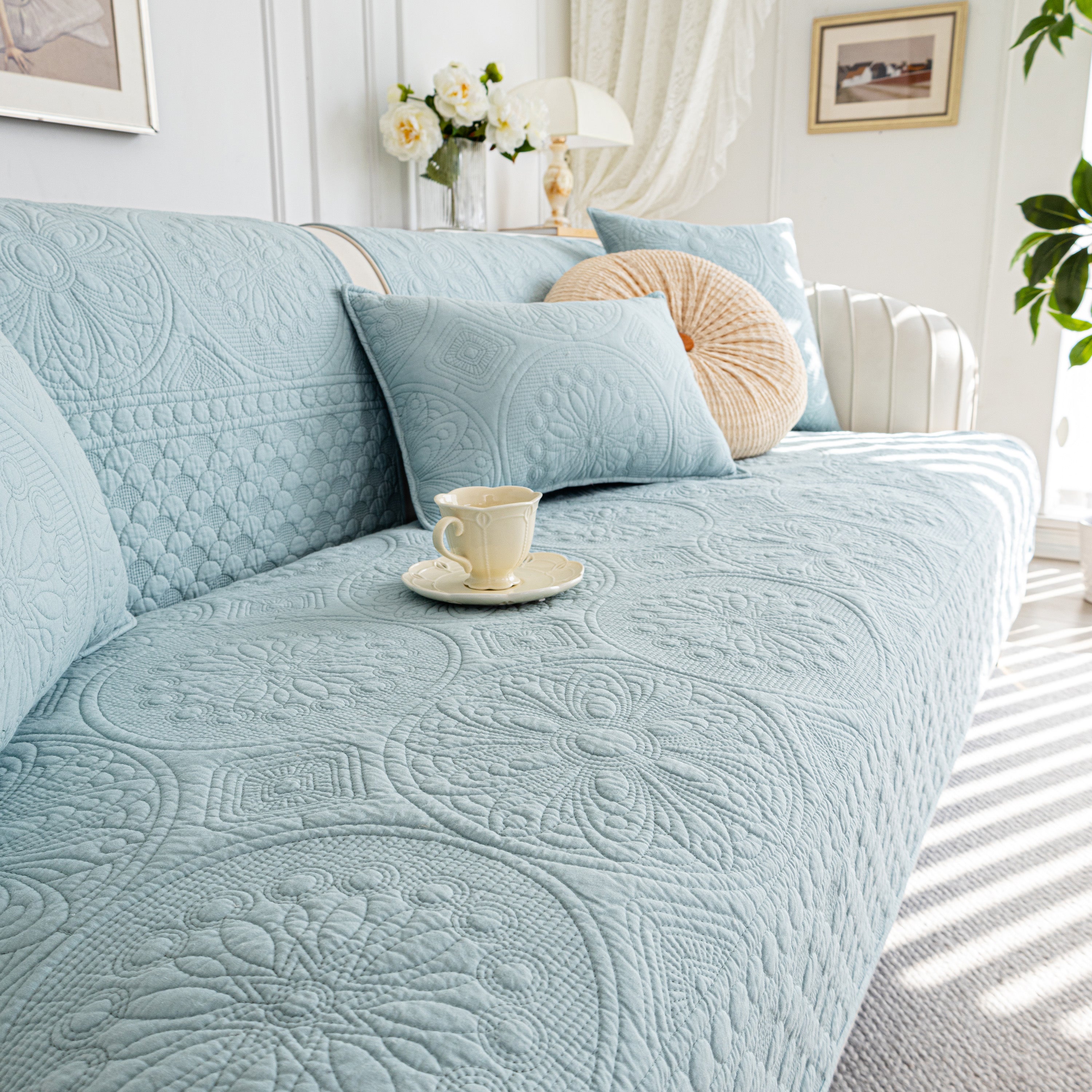 Cotton Quilted Sofa Cover, Non-Slip Couch Protector Fits Backrest, Seat & Armrest