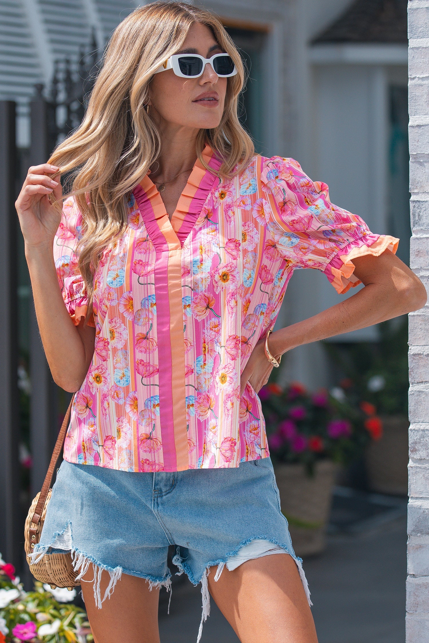 Floral Poppy Stripe Colorblock V-Neck Short Sleeve Blouse