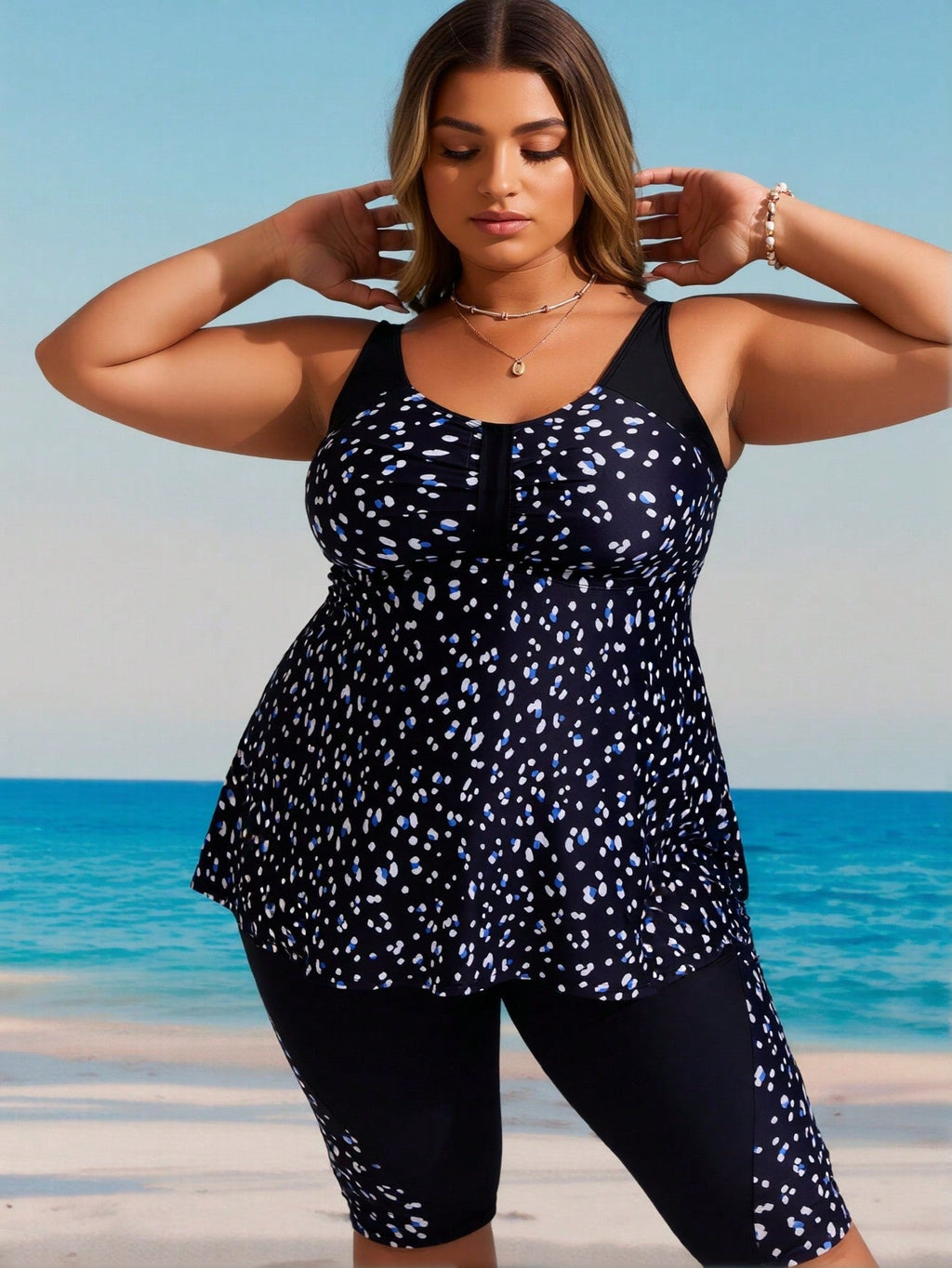 Women's Plus Size Modest Black & Blue Printed Tankini Set With Capri Leggings