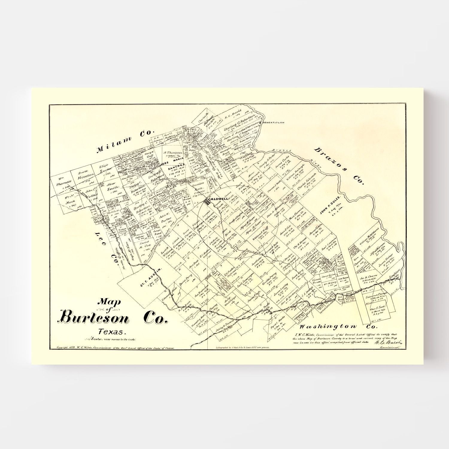 Vintage Map of Burleson County, Texas 1879