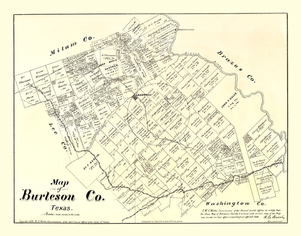 Vintage Map of Burleson County, Texas 1879