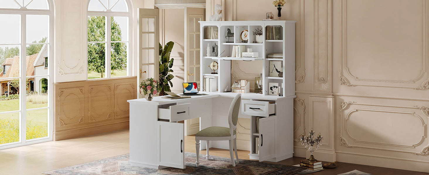 L-Shaped Computer Desk with 2 Cabinets and 2 Drawers, 11 Open Shelves , with Electrical Outlet, for Study, Living Room and Office, White