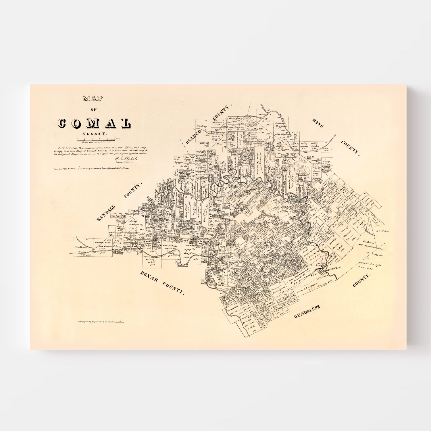 Vintage Map of Comal County, Texas 1879