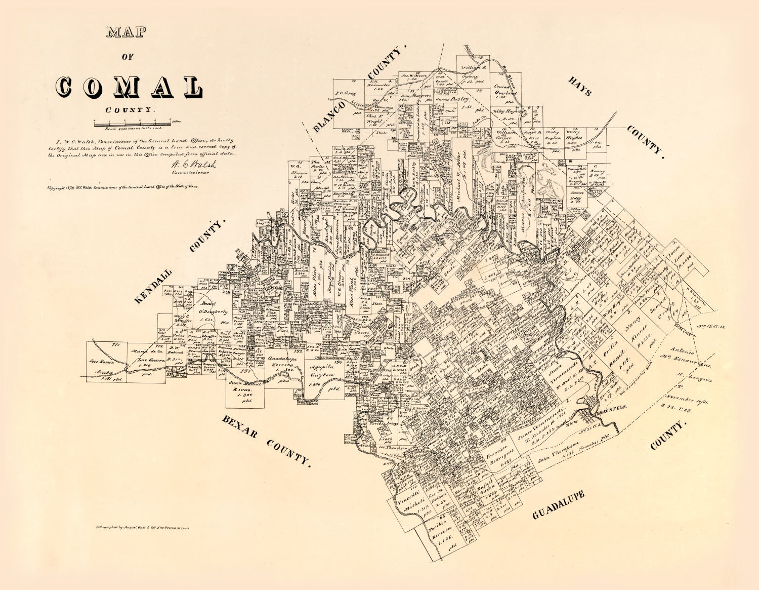 Vintage Map of Comal County, Texas 1879