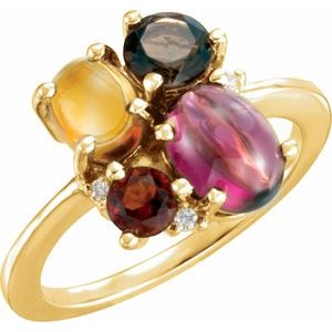 14K Yellow Gold Natural Rhodolite Garnet, Natural Citrine, Natural Smoky Quartz & .03 CTW Natural Diamond Ring