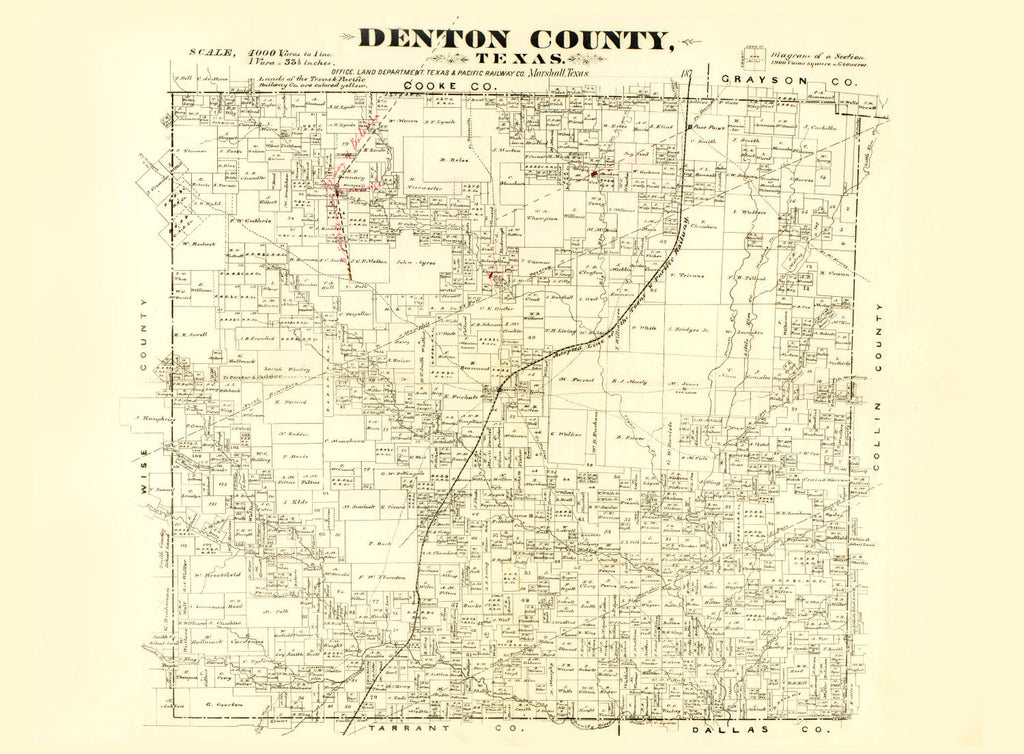 Vintage Map of Denton County, Texas 1870